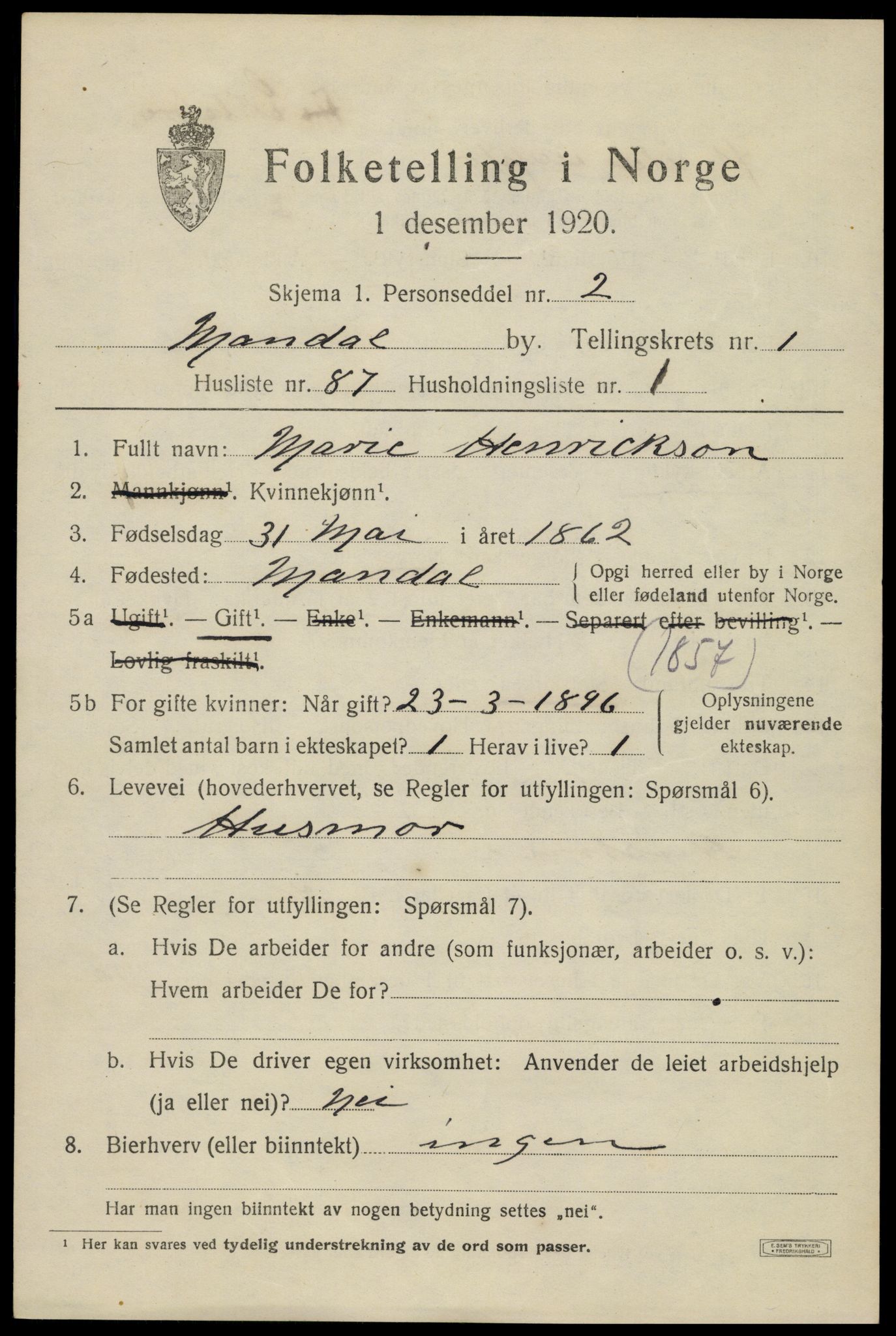 SAK, Folketelling 1920 for 1002 Mandal ladested, 1920, s. 4151