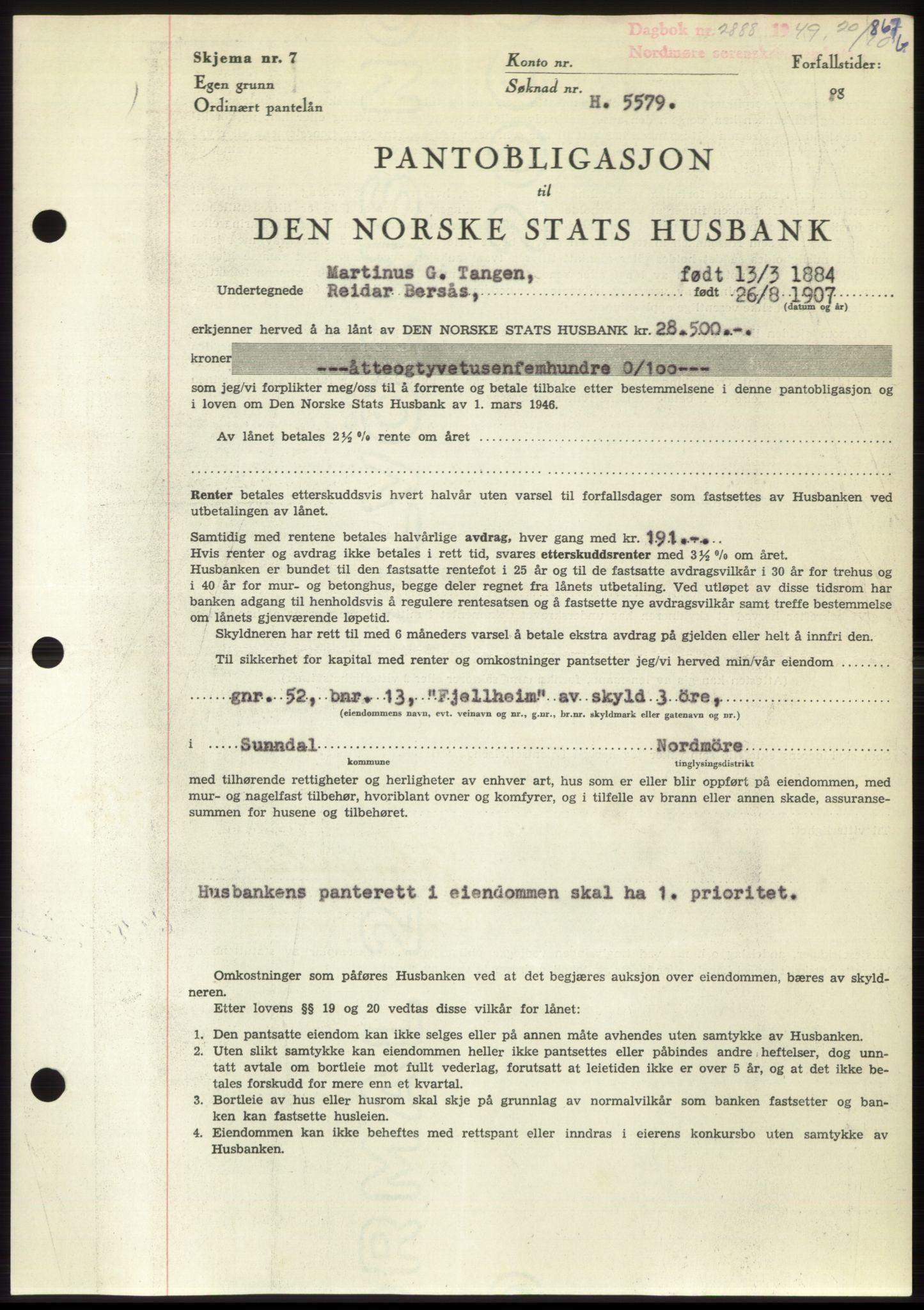 Nordmøre sorenskriveri, SAT/A-4132/1/2/2Ca: Pantebok nr. B102, 1949-1949, Dagboknr: 2888/1949