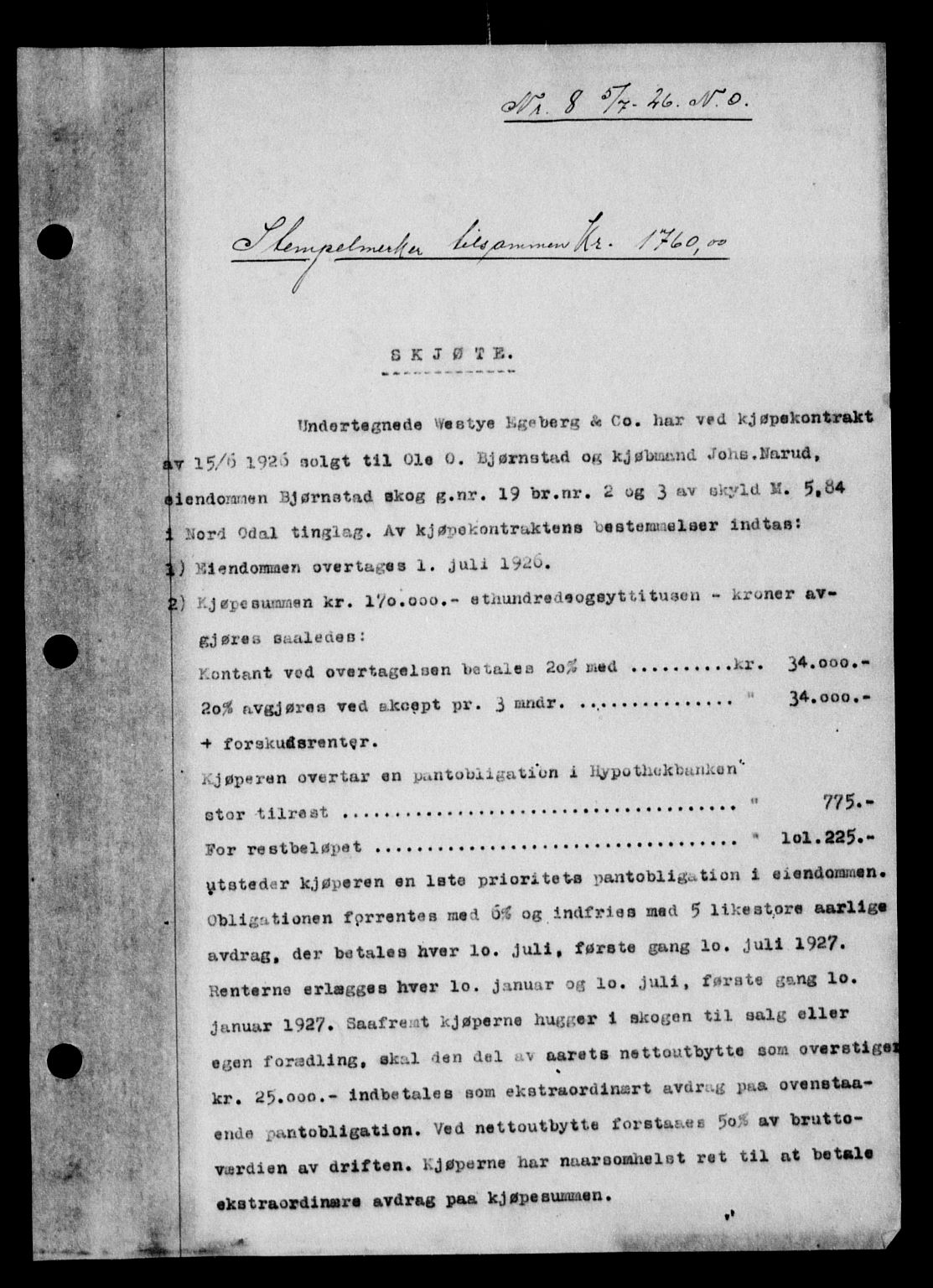 Vinger og Odal sorenskriveri, SAH/TING-022/H/Hb/Hbb/L0022: Pantebok nr. I, 1926-1927, Tingl.dato: 05.07.1926