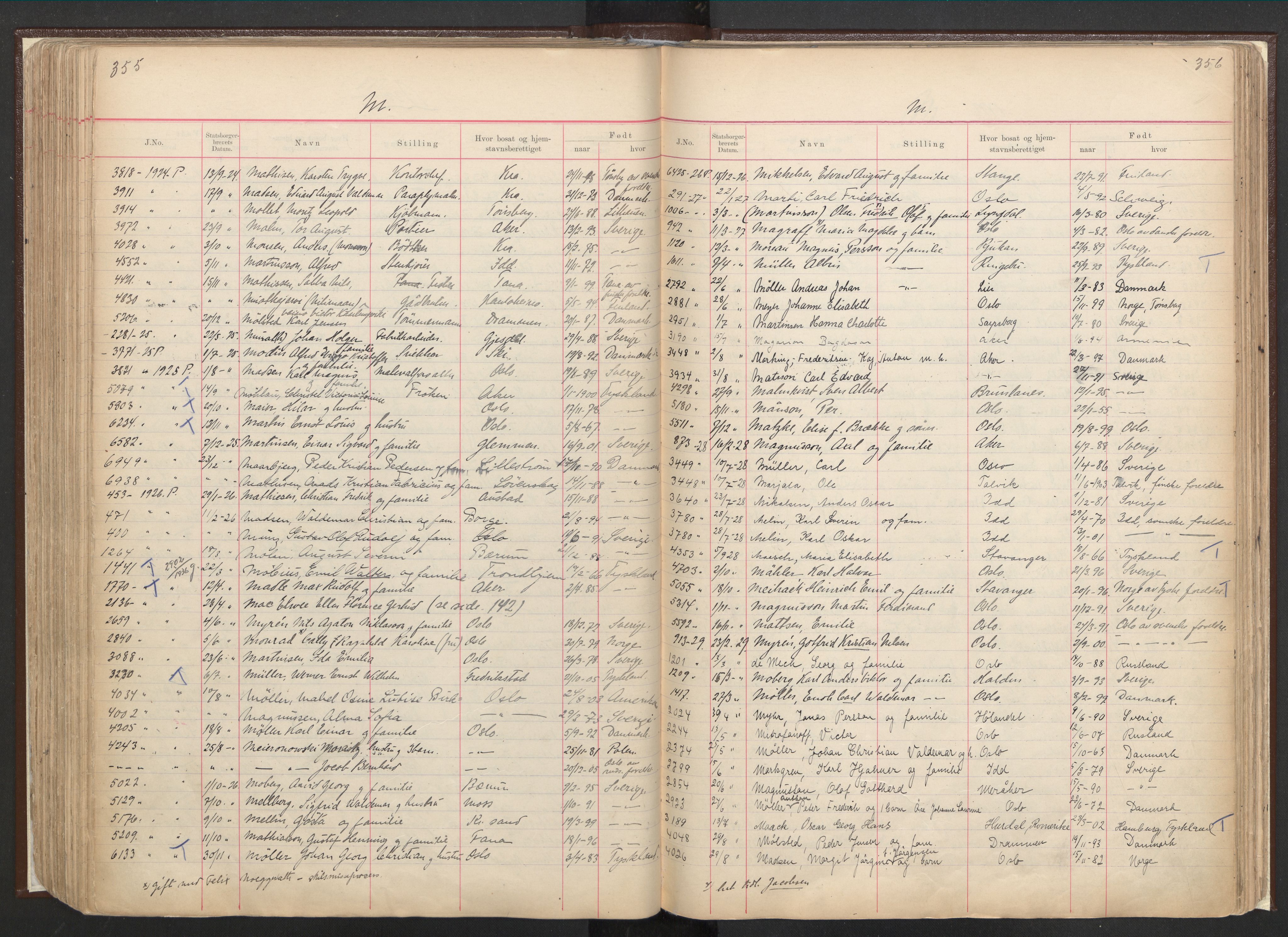 Justisdepartementet, 3. politikontor P3, RA/S-1051/C/Cc/L0001: Journal over statsborgersaker, 1891-1946, s. 355-356