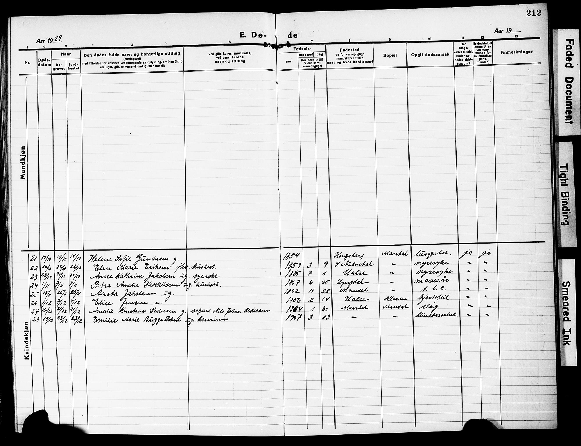 Mandal sokneprestkontor, SAK/1111-0030/F/Fb/Fbc/L0001: Klokkerbok nr. B 1, 1918-1931, s. 212