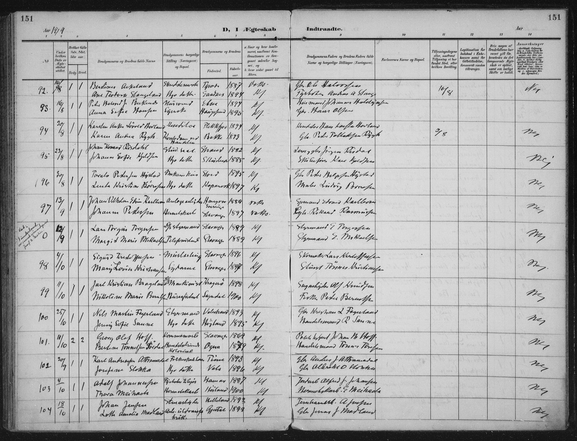 Domkirken sokneprestkontor, AV/SAST-A-101812/002/A/L0016: Ministerialbok nr. A 33, 1905-1922, s. 151