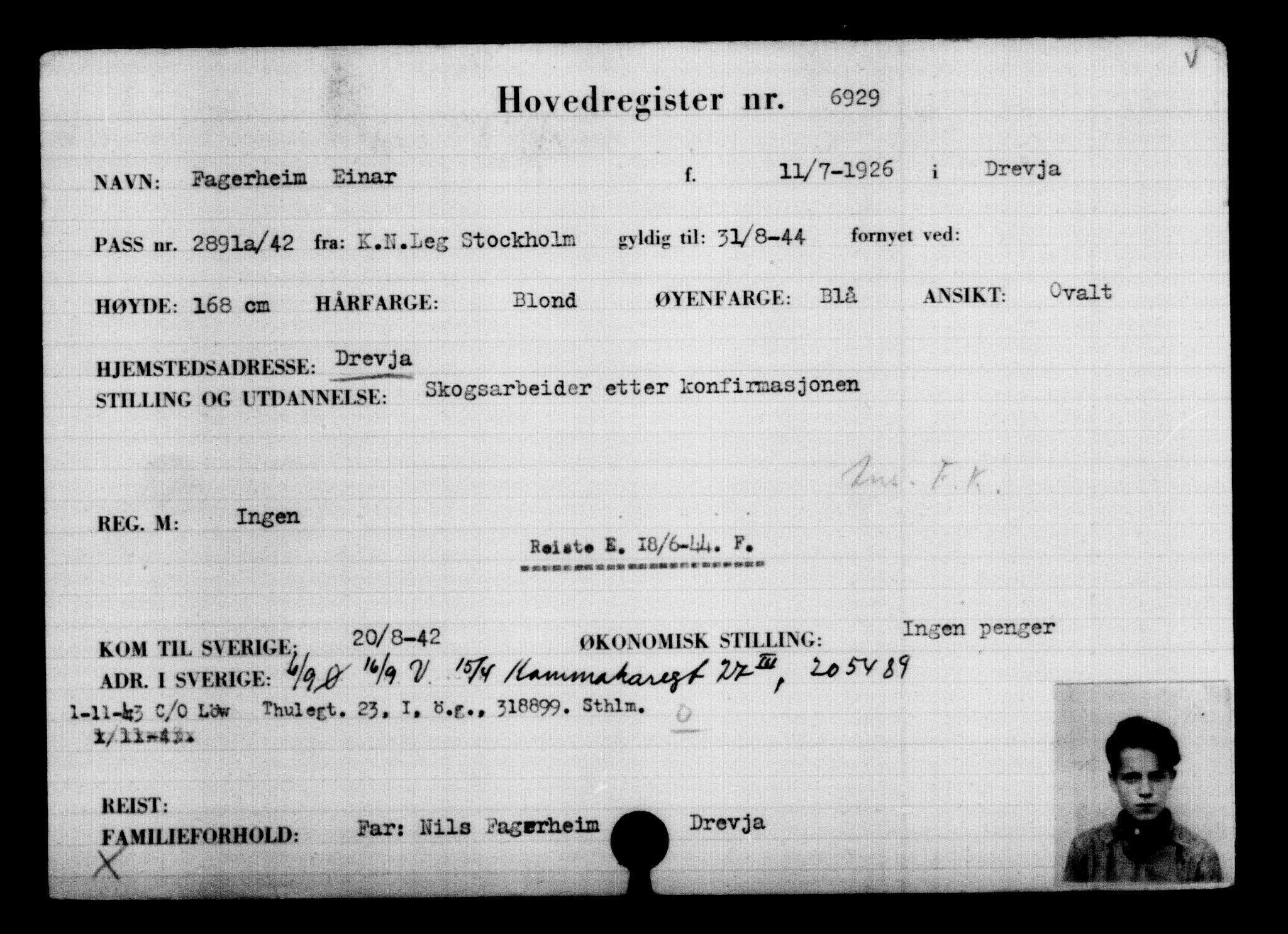 Utenriksstasjonene, Legasjonen i Stockholm, Flyktningkontoret, AV/RA-S-6753/V/Va/L0005: Kjesäterkartoteket, flyktninger med registreringsnr. 6600-9417, 1940-1945, s. 400