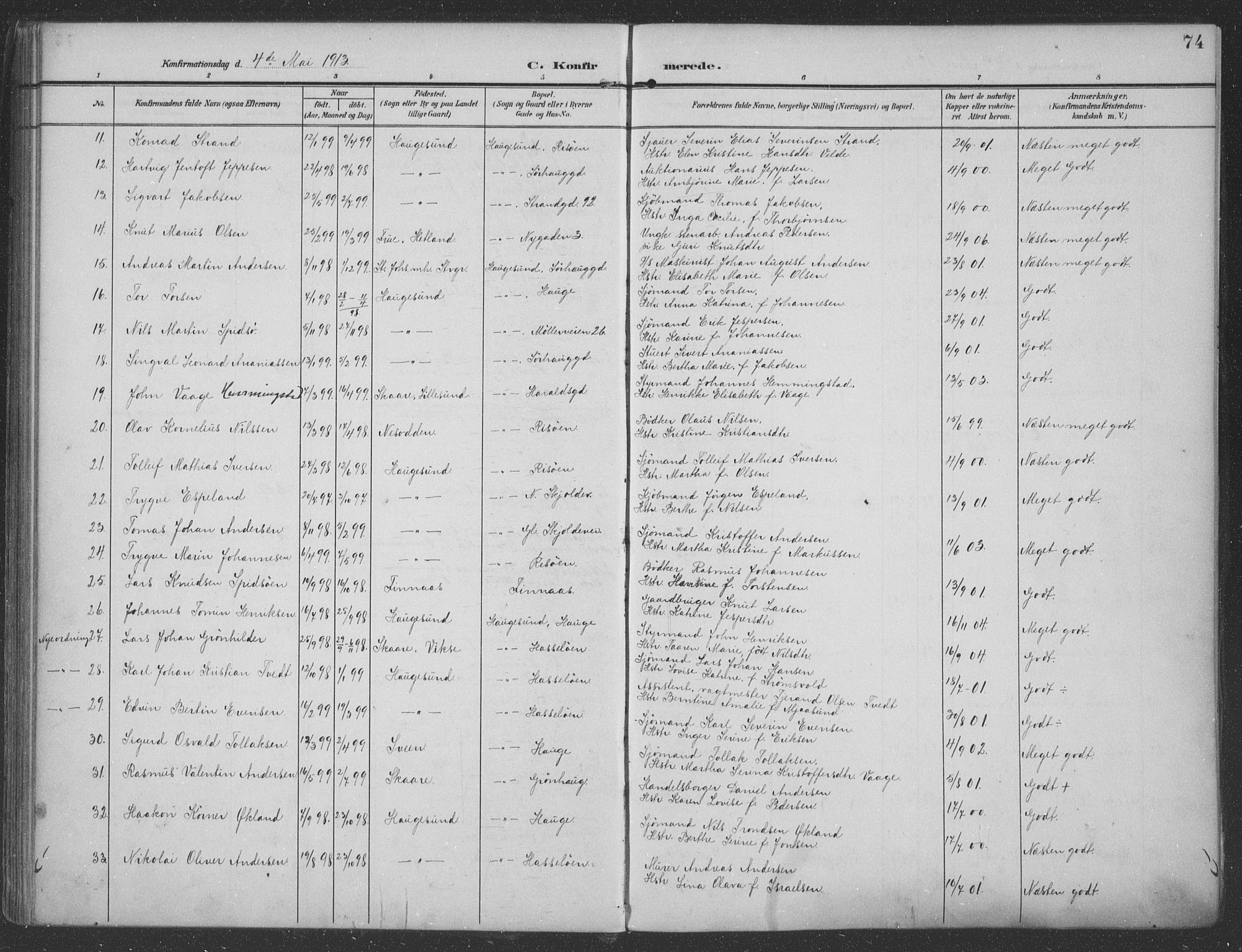 Haugesund sokneprestkontor, AV/SAST-A -101863/H/Ha/Haa/L0007: Ministerialbok nr. A 7, 1904-1916, s. 74