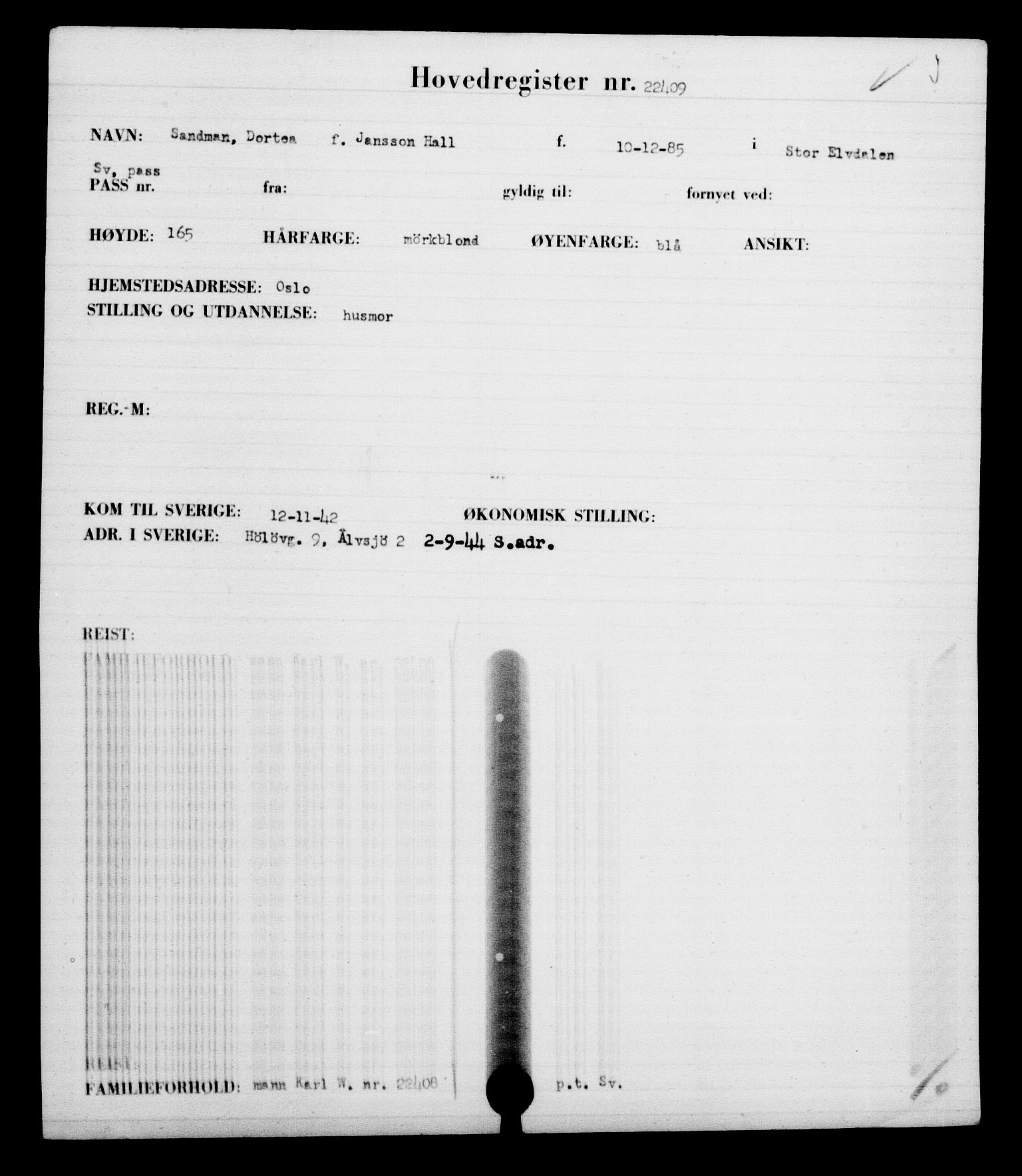 Utenriksstasjonene, Legasjonen i Stockholm, Flyktningkontoret, AV/RA-S-6753/V/Va/L0010: Kjesäterkartoteket, flyktninger med registreringsnr. 22000-25314, 1940-1945, s. 454