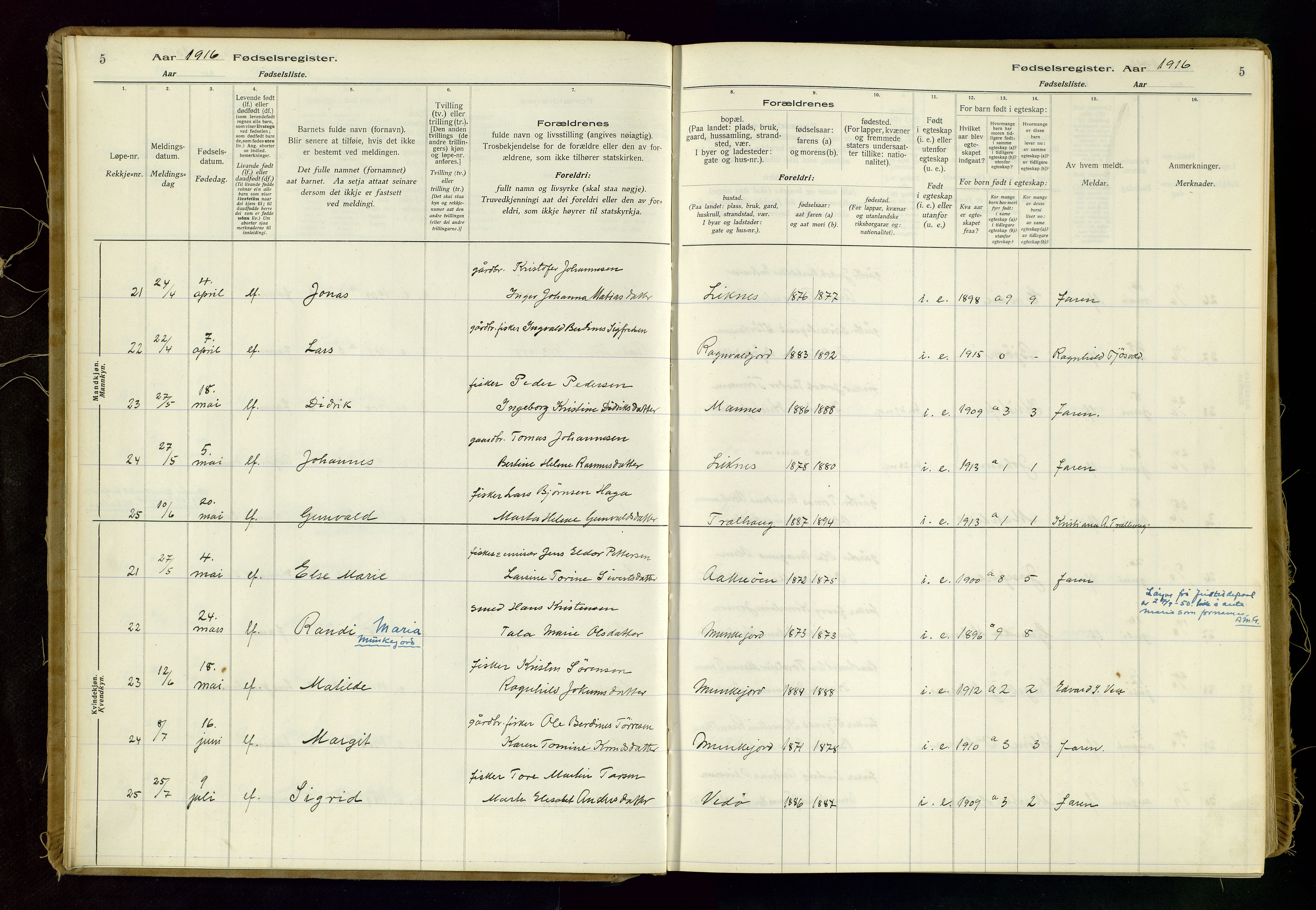 Kopervik sokneprestkontor, AV/SAST-A-101850/I/Id/L0006: Fødselsregister nr. 6, 1916-1934, s. 5