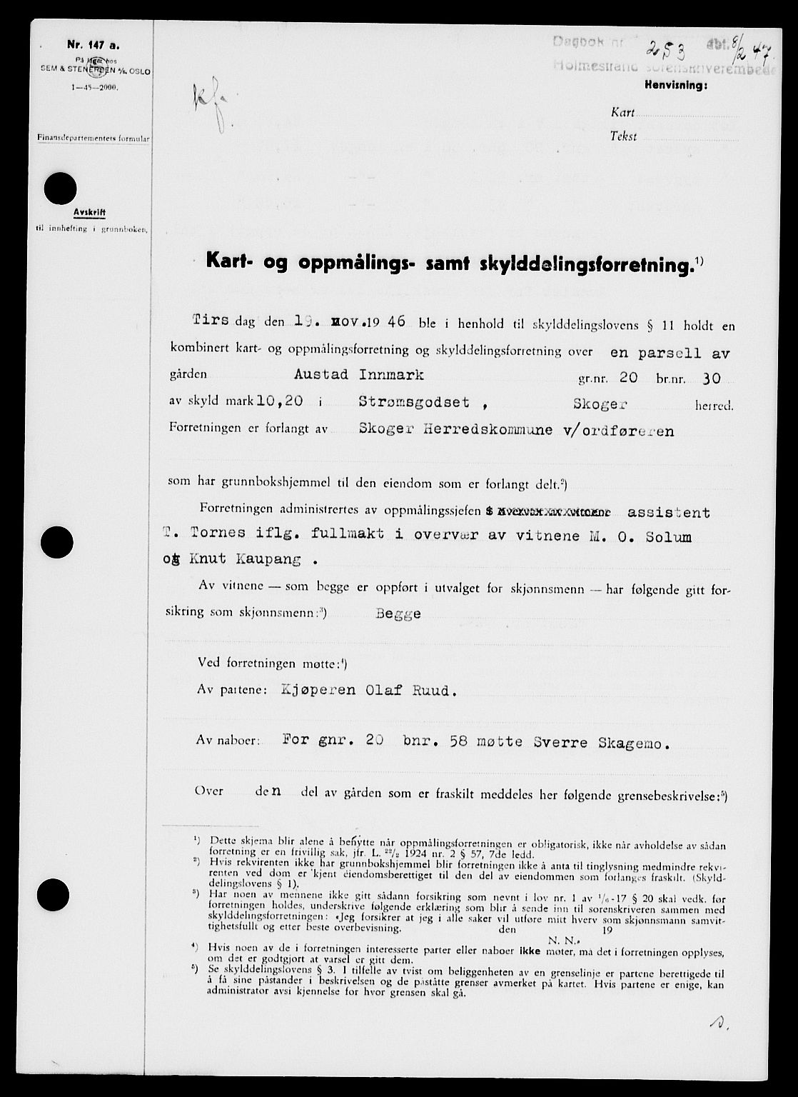 Holmestrand sorenskriveri, SAKO/A-67/G/Ga/Gaa/L0061: Pantebok nr. A-61, 1946-1947, Dagboknr: 253/1947
