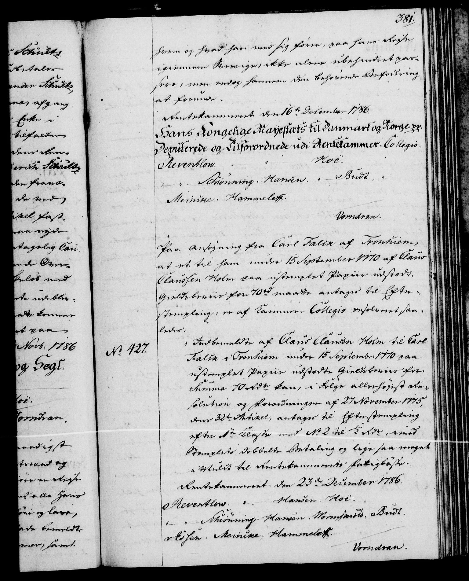 Rentekammeret, Kammerkanselliet, RA/EA-3111/G/Gg/Gga/L0013: Norsk ekspedisjonsprotokoll med register (merket RK 53.13), 1784-1787, s. 381