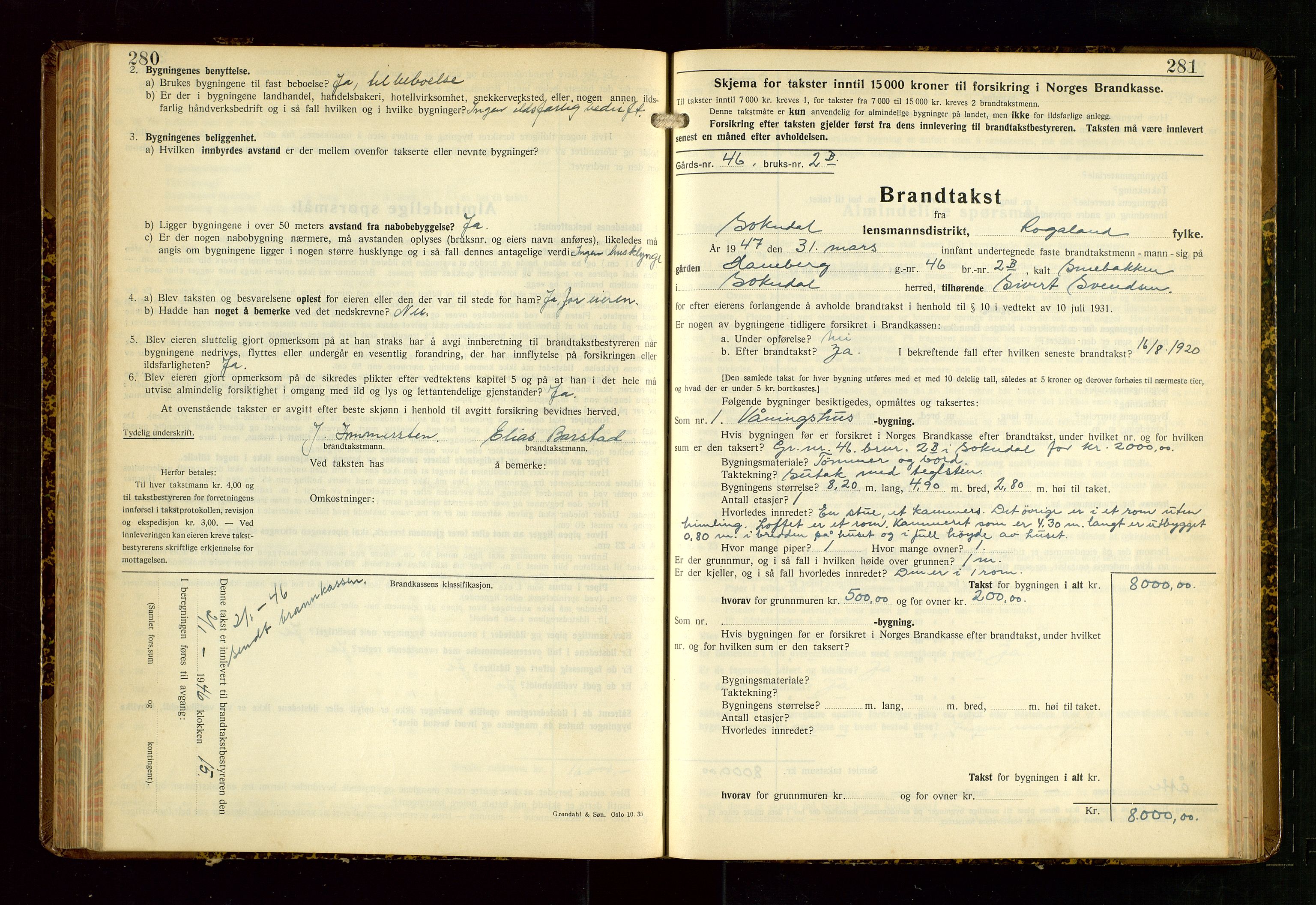 Sokndal lensmannskontor, AV/SAST-A-100417/Gob/L0008: "Brandtakst-Protokoll", 1937-1955, s. 280-281