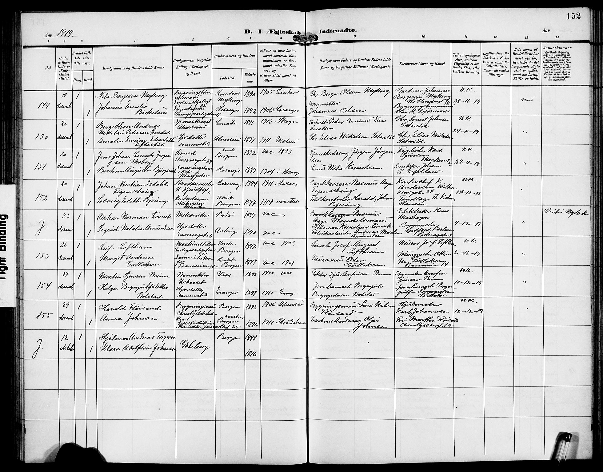 Domkirken sokneprestembete, AV/SAB-A-74801/H/Hab/L0033: Klokkerbok nr. D 5, 1907-1924, s. 152