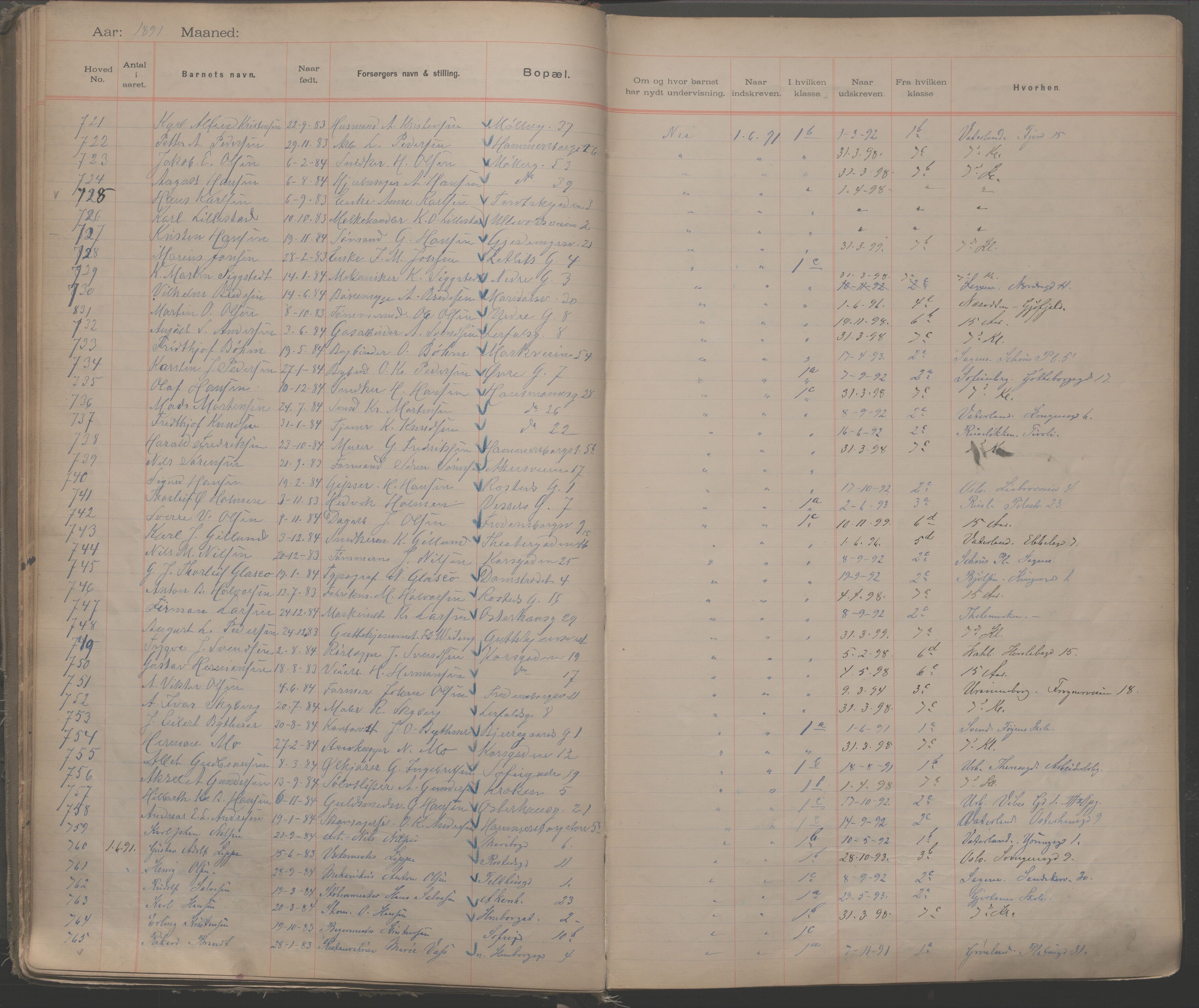 Møllergata skole, OBA/A-20129/F/Fa/L0001: Ut-/innskrivningsprotokoll, 1889-1907, s. 22