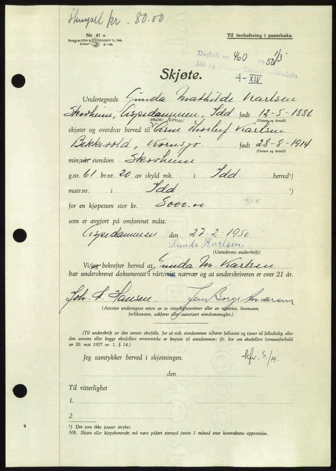 Idd og Marker sorenskriveri, AV/SAO-A-10283/G/Gb/Gbb/L0014: Pantebok nr. A14, 1950-1950, Dagboknr: 460/1950
