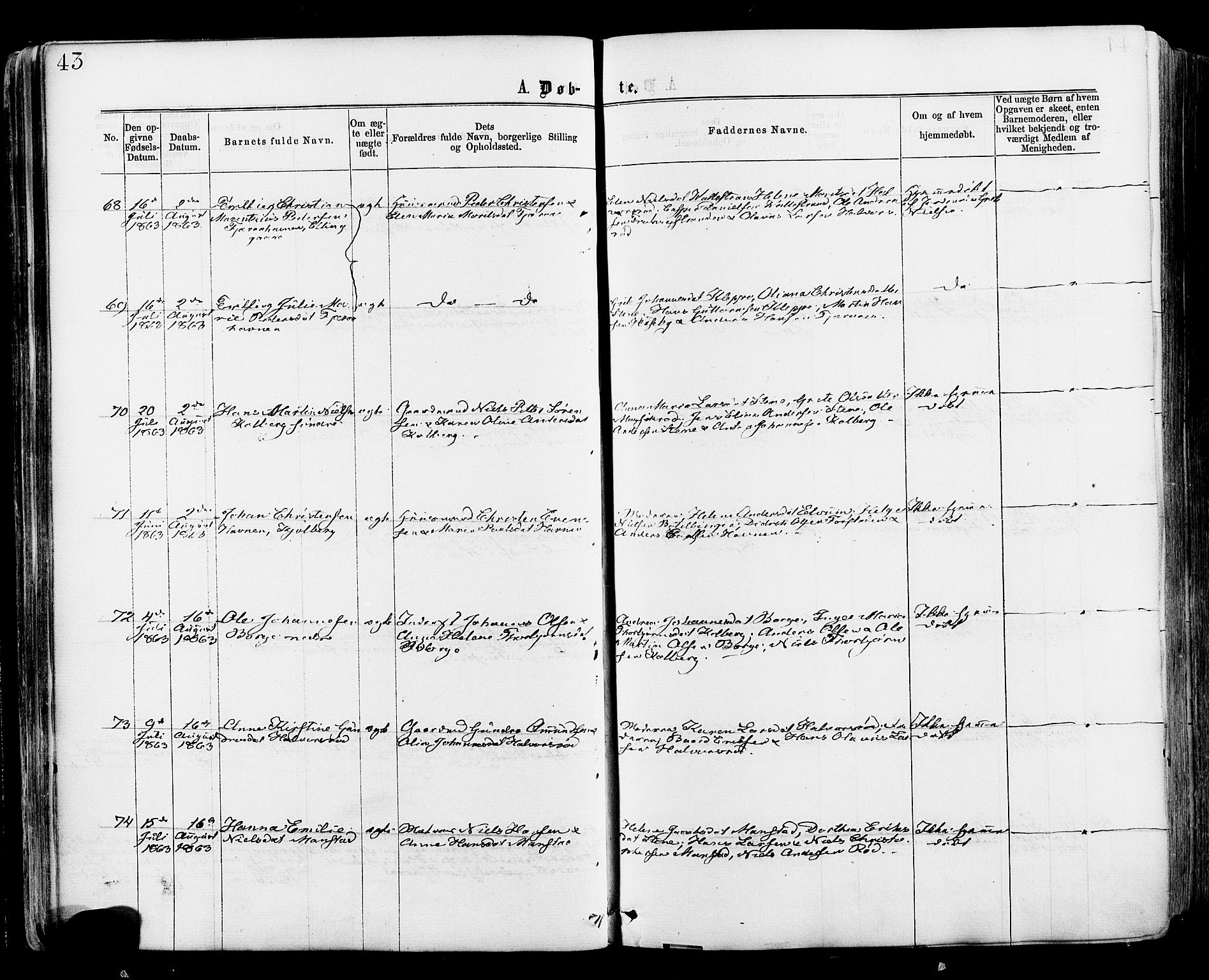 Onsøy prestekontor Kirkebøker, AV/SAO-A-10914/F/Fa/L0004: Ministerialbok nr. I 4, 1861-1877, s. 43