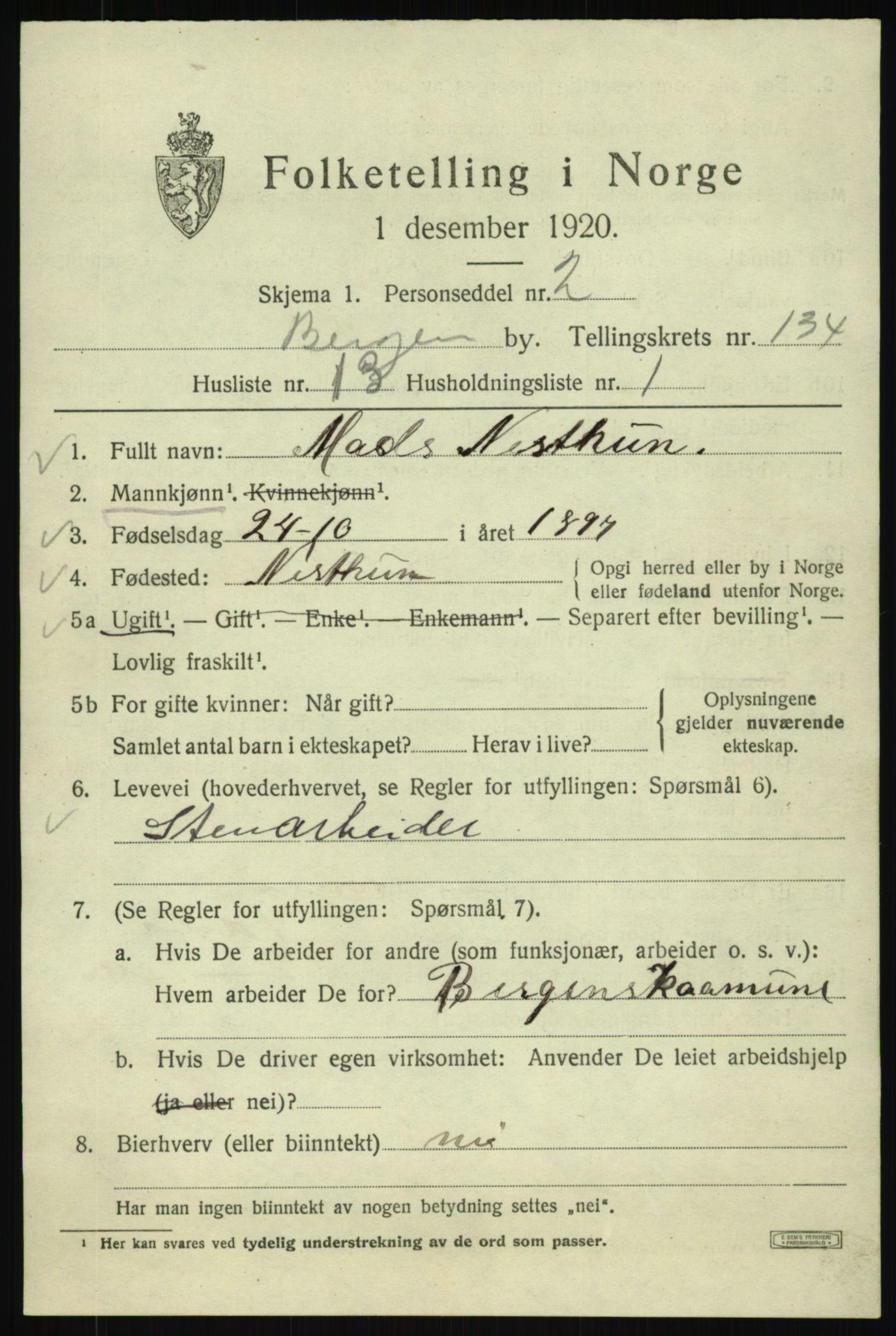 SAB, Folketelling 1920 for 1301 Bergen kjøpstad, 1920, s. 225453