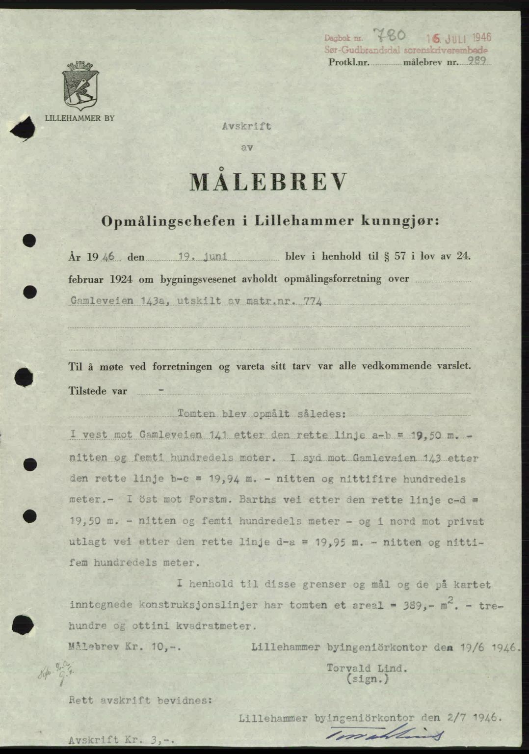 Sør-Gudbrandsdal tingrett, SAH/TING-004/H/Hb/Hbd/L0015: Pantebok nr. A15, 1945-1946, Dagboknr: 780/1946