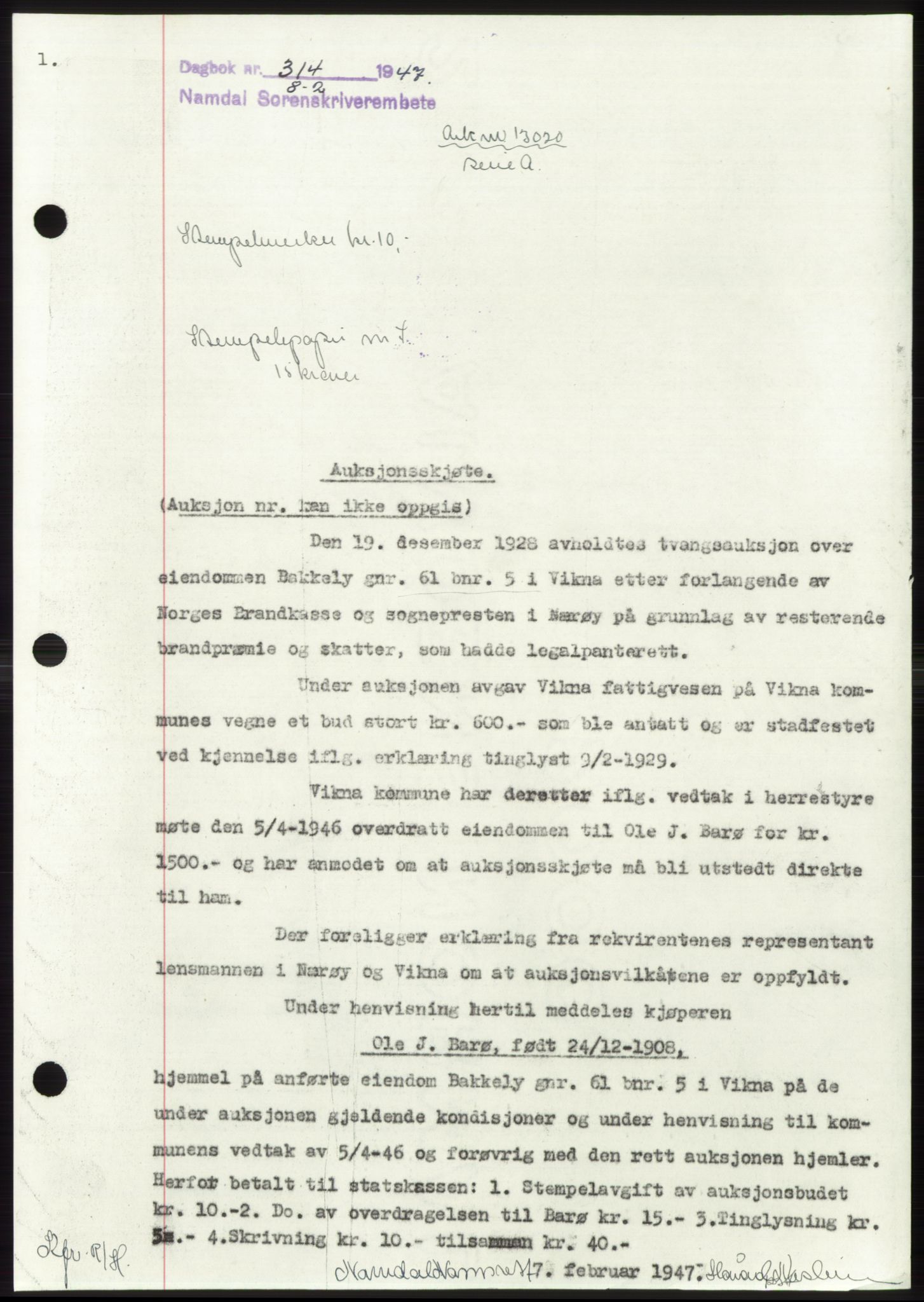 Namdal sorenskriveri, SAT/A-4133/1/2/2C: Pantebok nr. -, 1946-1947, Dagboknr: 314/1947