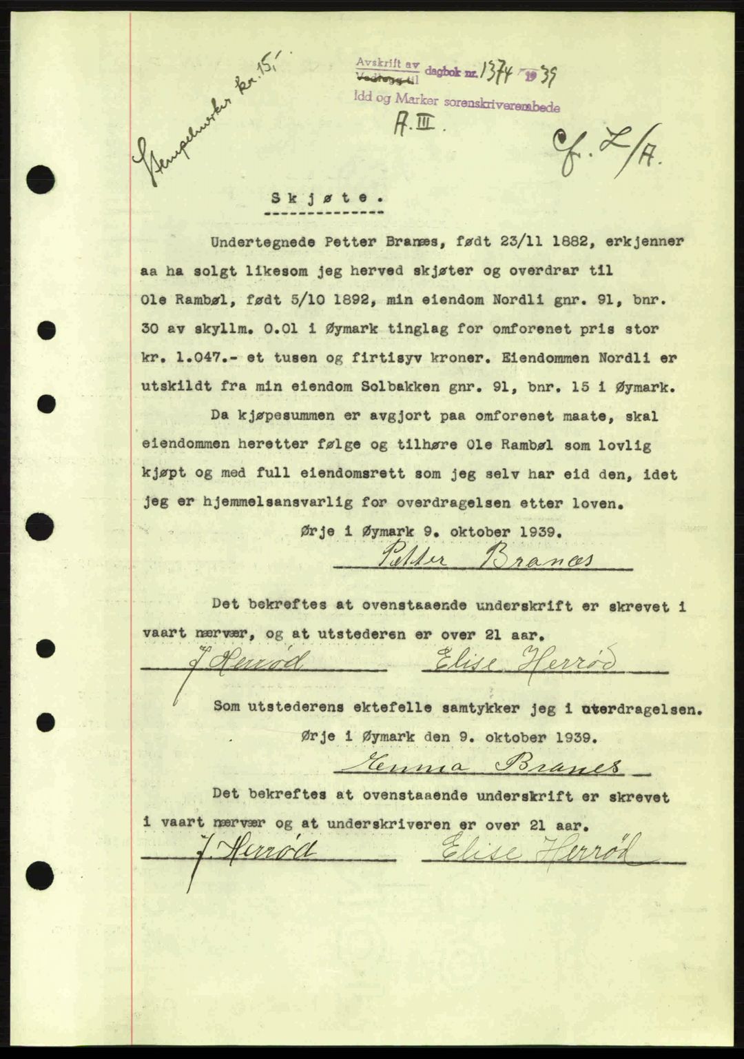 Idd og Marker sorenskriveri, AV/SAO-A-10283/G/Gb/Gbb/L0003: Pantebok nr. A3, 1938-1939, Dagboknr: 1374/1939