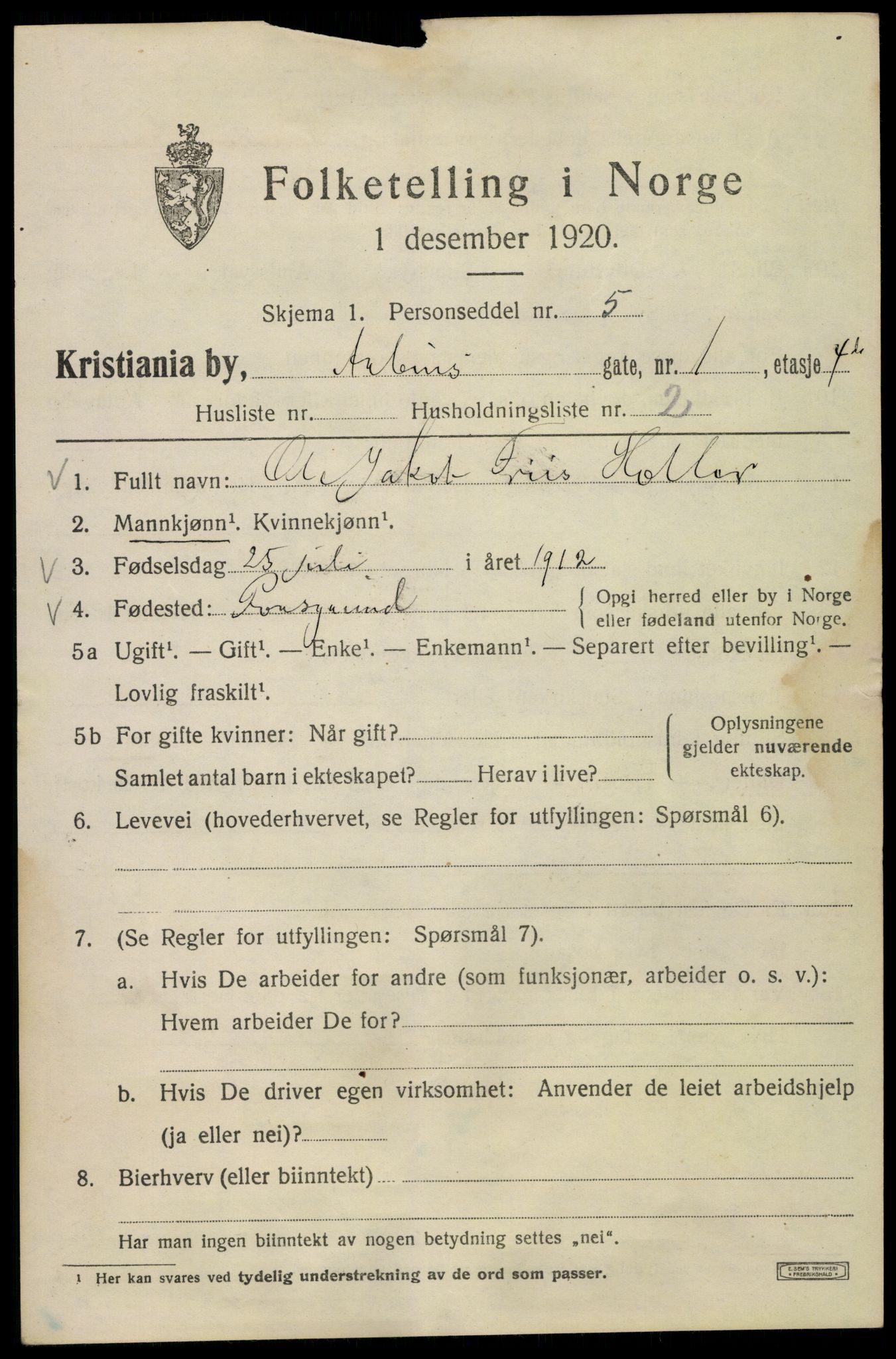 SAO, Folketelling 1920 for 0301 Kristiania kjøpstad, 1920, s. 142073