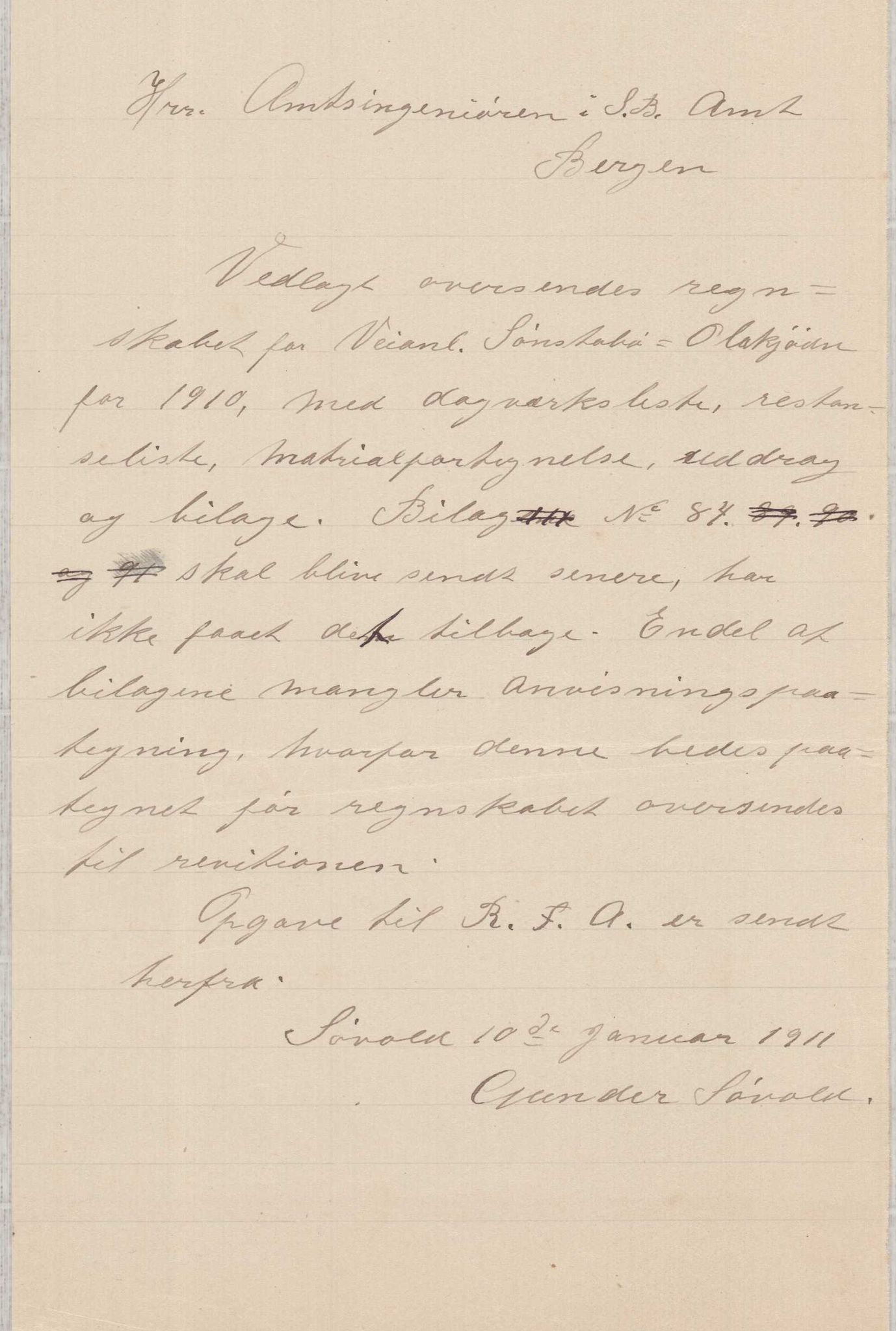 Finnaas kommune. Formannskapet, IKAH/1218a-021/E/Ea/L0001/0006: Rekneskap for veganlegg / Rekneskap for veganlegget Sønstabø - Olakjødn, 1909-1914, s. 69