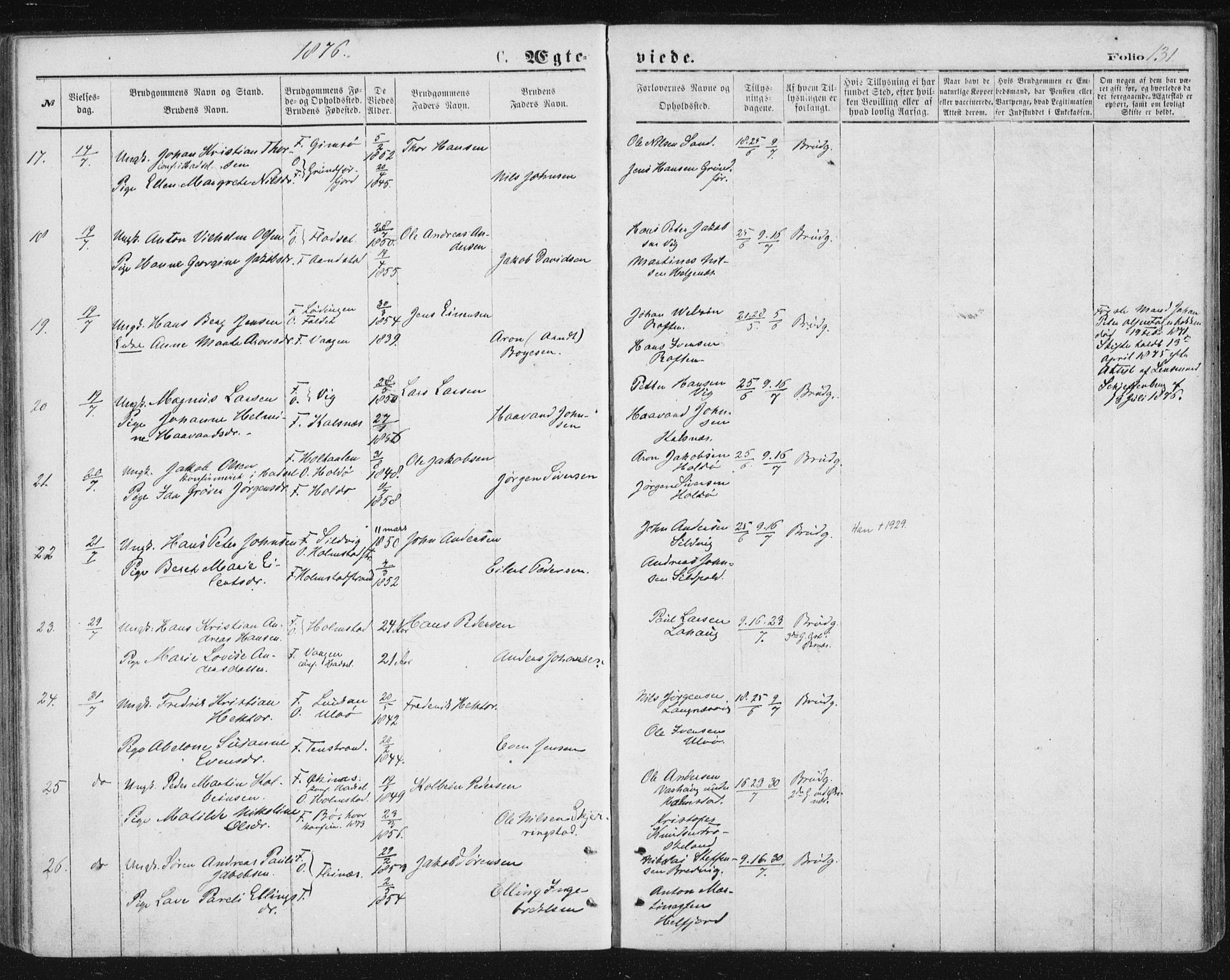 Ministerialprotokoller, klokkerbøker og fødselsregistre - Nordland, AV/SAT-A-1459/888/L1243: Ministerialbok nr. 888A09, 1876-1879, s. 131