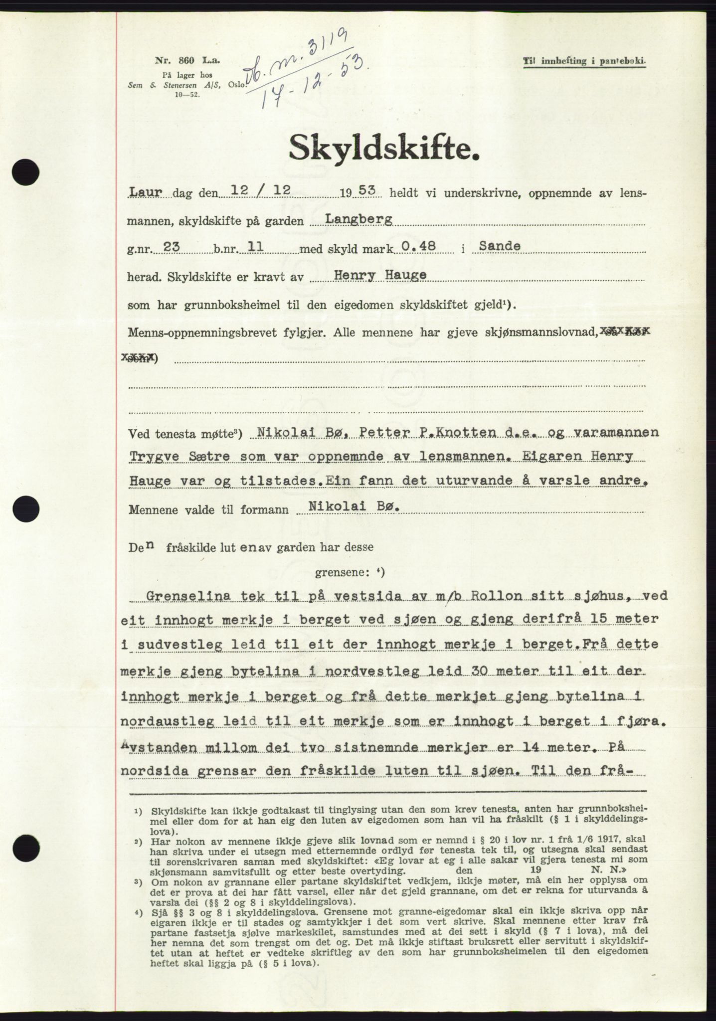 Søre Sunnmøre sorenskriveri, SAT/A-4122/1/2/2C/L0096: Pantebok nr. 22A, 1953-1954, Dagboknr: 3119/1953