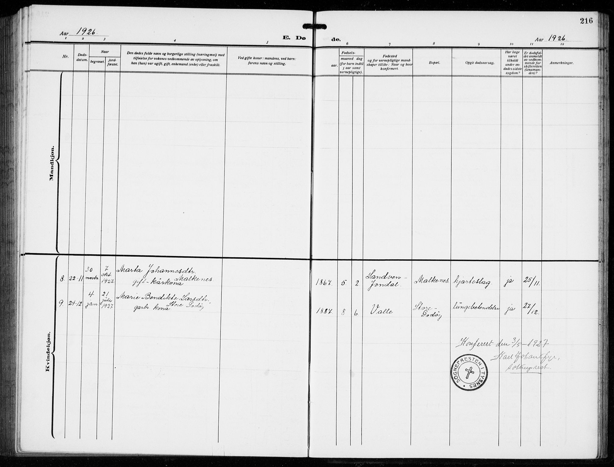 Tysnes sokneprestembete, AV/SAB-A-78601/H/Hab: Klokkerbok nr. B  3, 1918-1935, s. 216