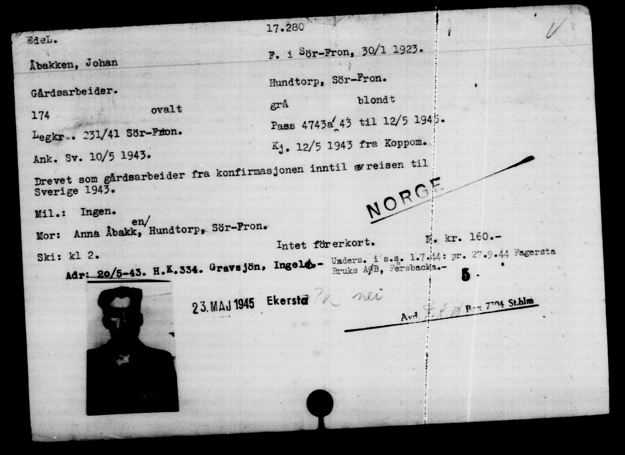 Utenriksstasjonene, Legasjonen i Stockholm, Flyktningkontoret, AV/RA-S-6753/V/Va/L0008: Kjesäterkartoteket, flyktninger med registreringsnr. 15700-18547, 1940-1945, s. 1741