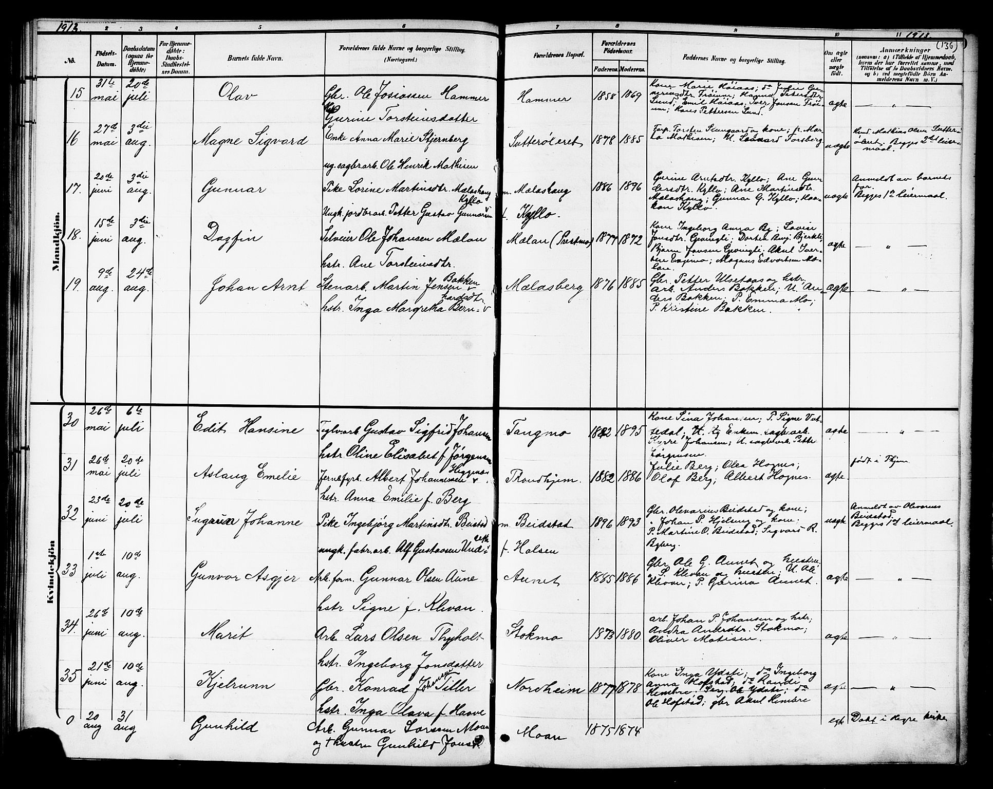 Ministerialprotokoller, klokkerbøker og fødselsregistre - Nord-Trøndelag, AV/SAT-A-1458/709/L0087: Klokkerbok nr. 709C01, 1892-1913, s. 136