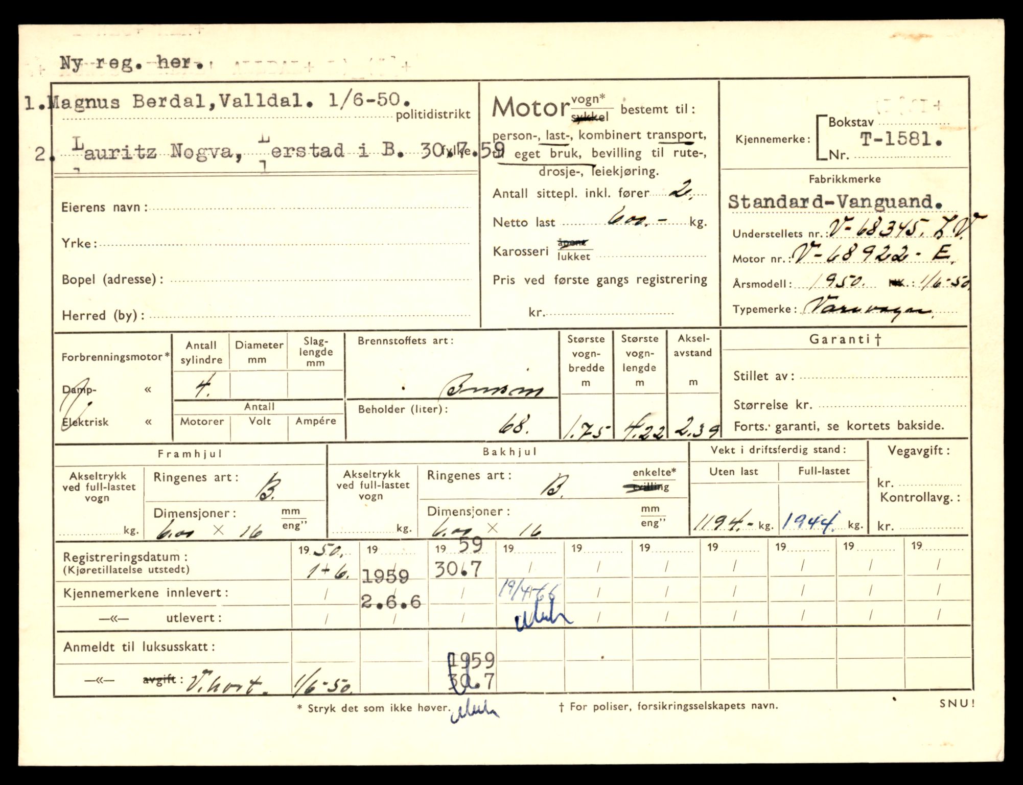 Møre og Romsdal vegkontor - Ålesund trafikkstasjon, AV/SAT-A-4099/F/Fe/L0014: Registreringskort for kjøretøy T 1565 - T 1698, 1927-1998, s. 309