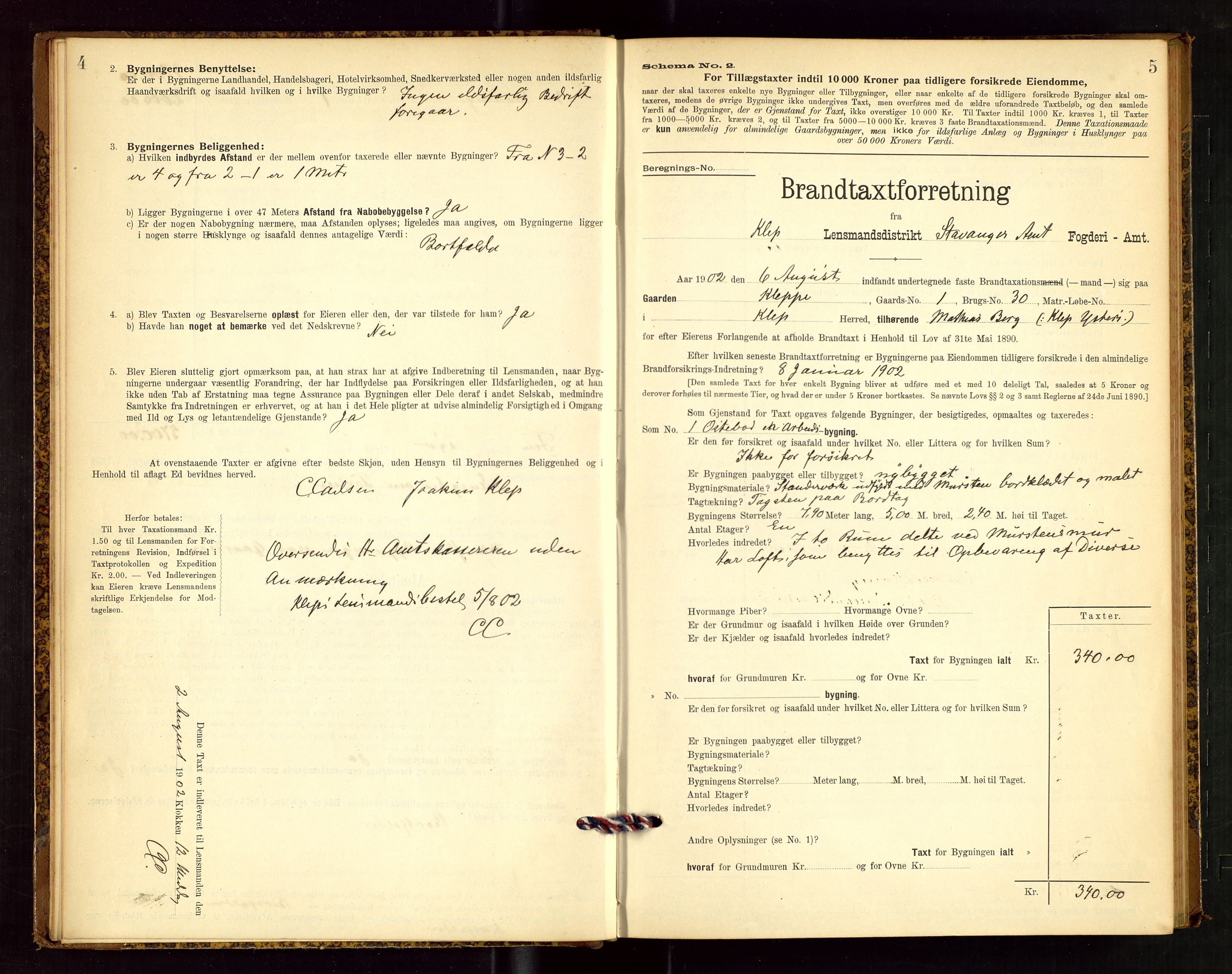 Klepp lensmannskontor, AV/SAST-A-100163/Goc/L0003: "Brandtaxationsprotokol" m/register, 1902-1907, s. 4-5