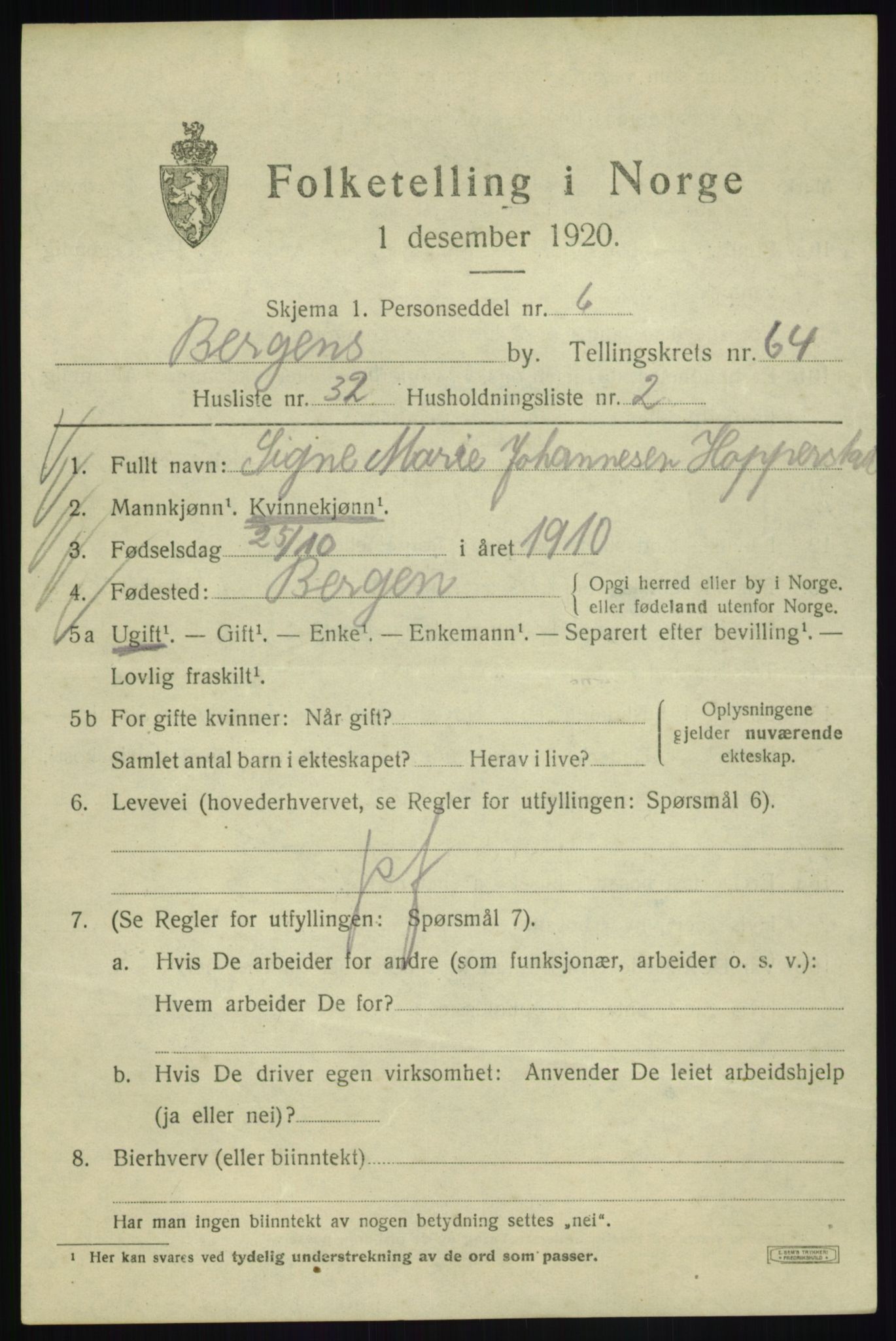 SAB, Folketelling 1920 for 1301 Bergen kjøpstad, 1920, s. 133063