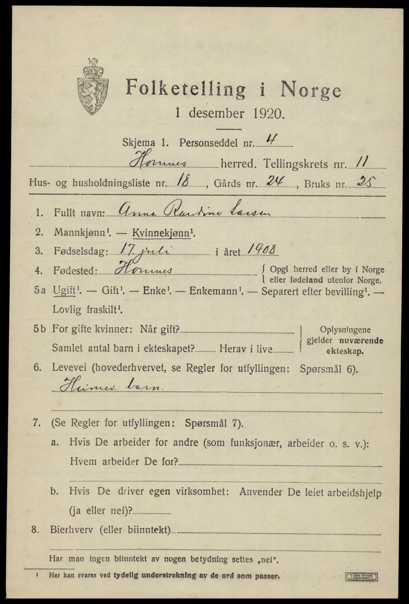 SAK, Folketelling 1920 for 0936 Hornnes herred, 1920, s. 2851