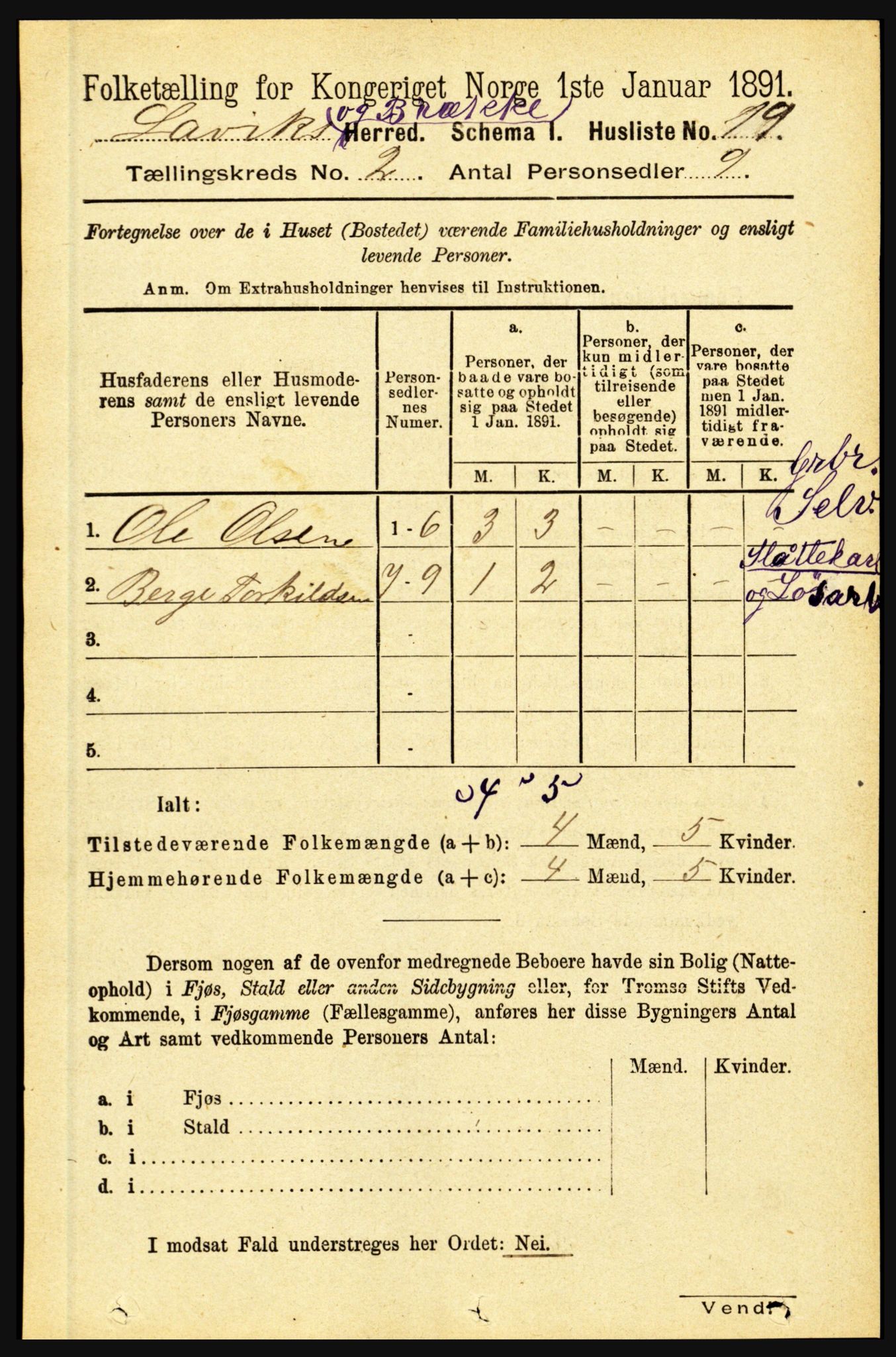 RA, Folketelling 1891 for 1415 Lavik og Brekke herred, 1891, s. 280