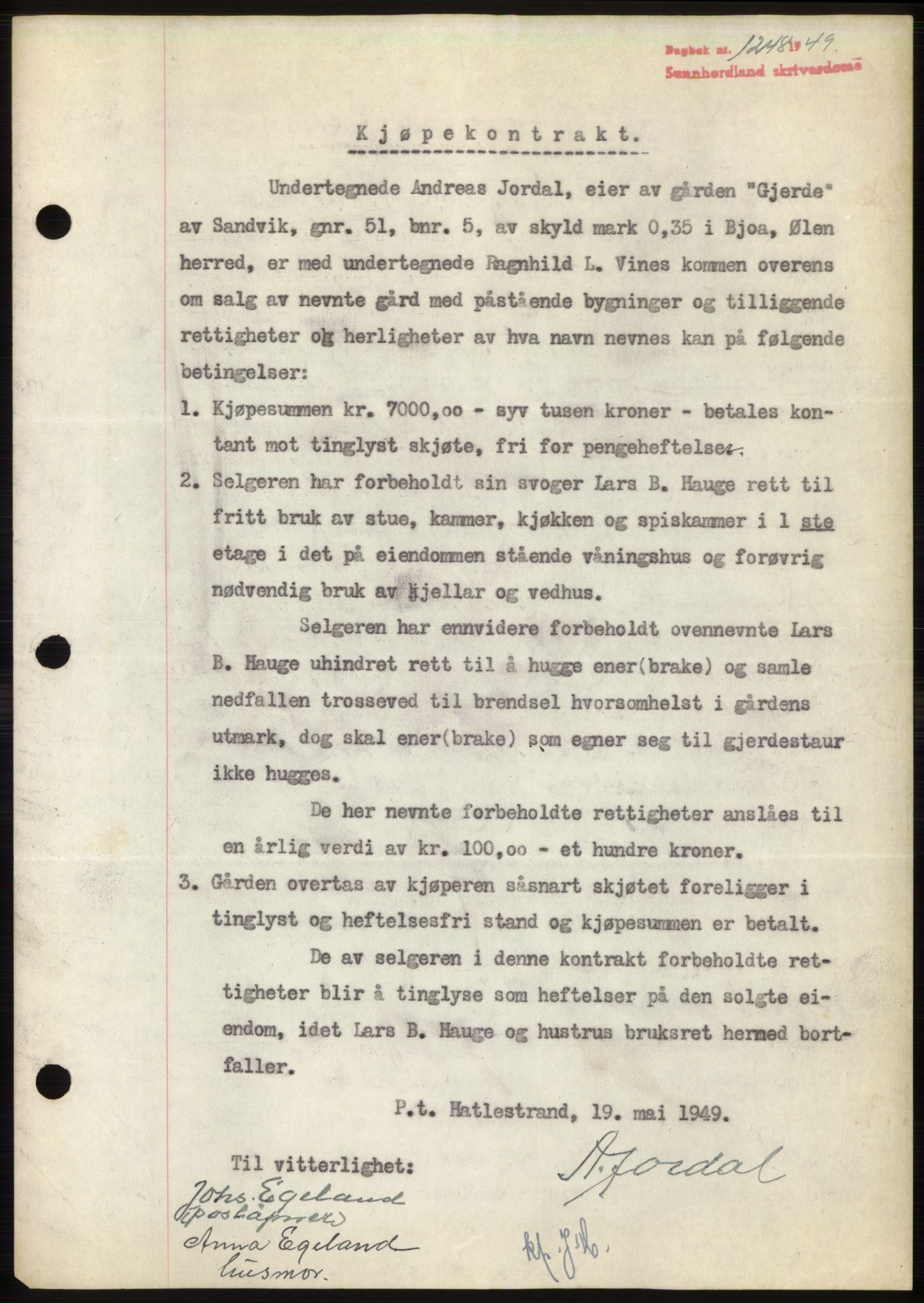 Sunnhordland sorenskrivar, AV/SAB-A-2401: Pantebok nr. B75-79, 1948-1950, Dagboknr: 1248/1949