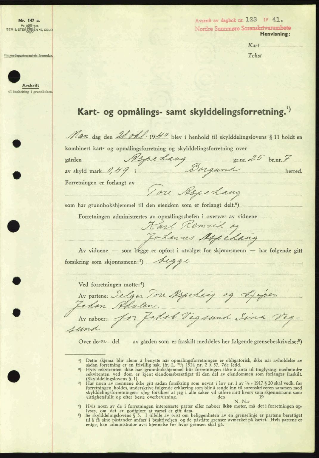 Nordre Sunnmøre sorenskriveri, AV/SAT-A-0006/1/2/2C/2Ca: Pantebok nr. A10, 1940-1941, Dagboknr: 123/1941