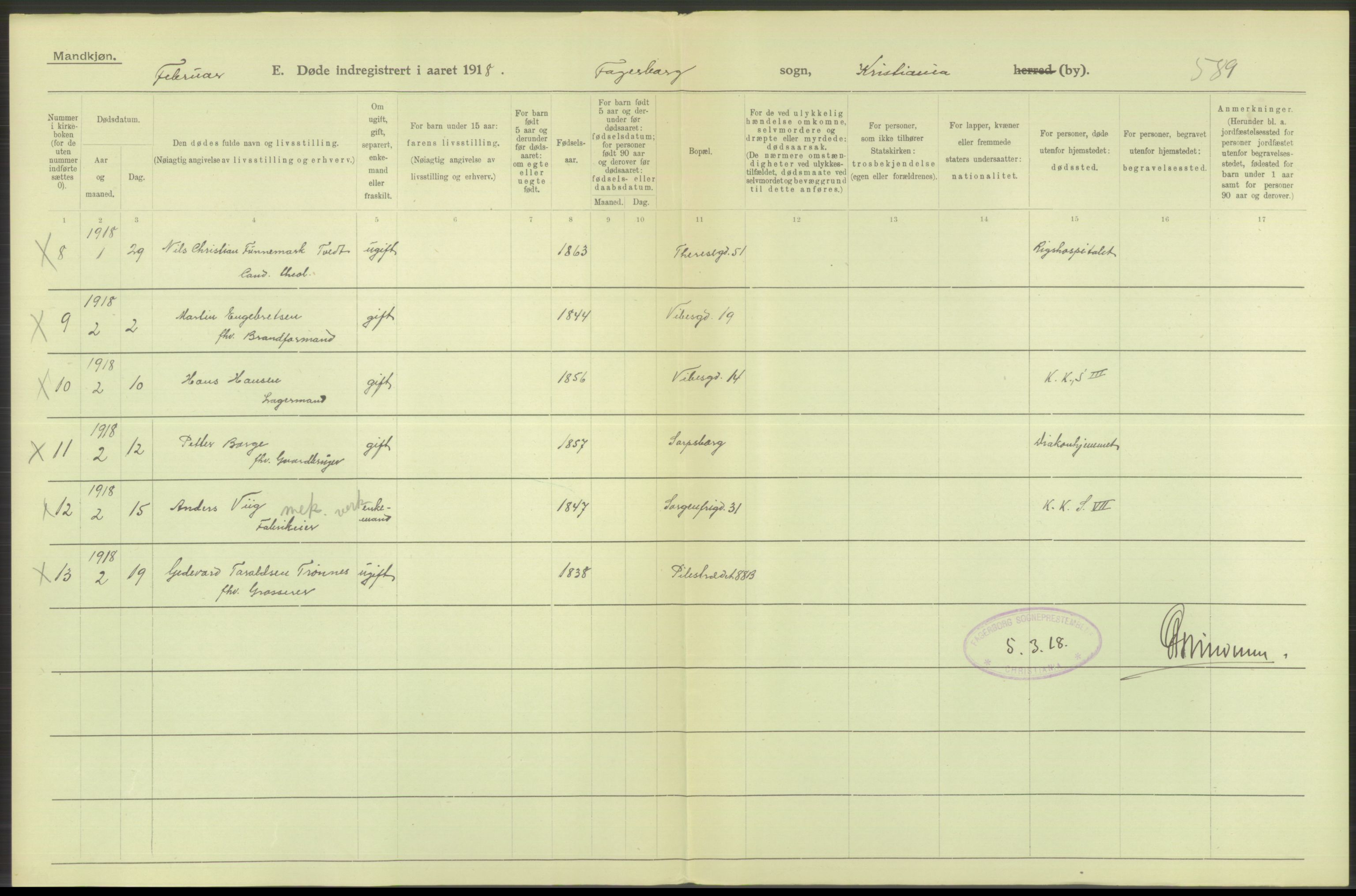 Statistisk sentralbyrå, Sosiodemografiske emner, Befolkning, RA/S-2228/D/Df/Dfb/Dfbh/L0010: Kristiania: Døde, 1918, s. 244