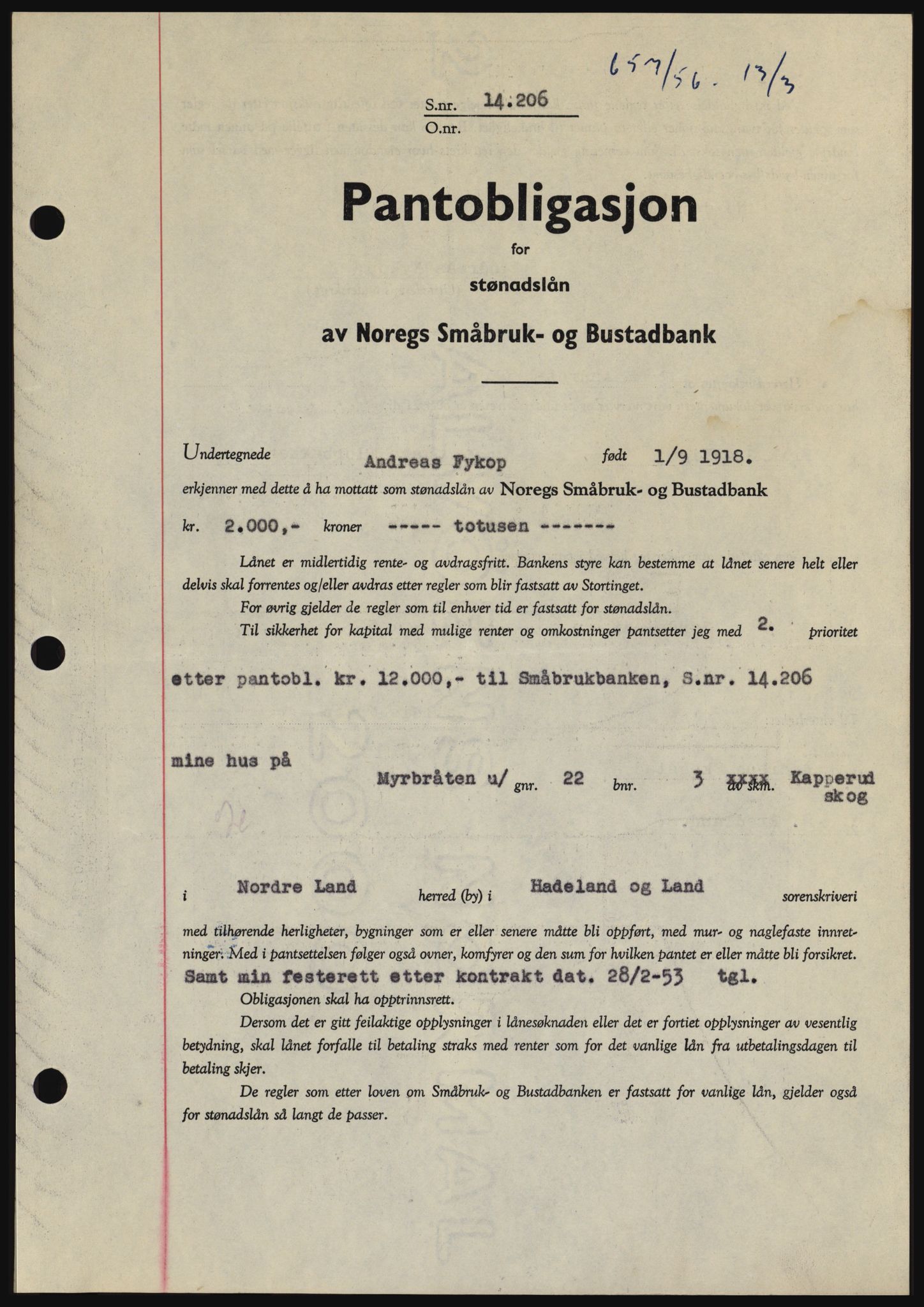 Hadeland og Land tingrett, SAH/TING-010/H/Hb/Hbc/L0033: Pantebok nr. B33, 1955-1956, Dagboknr: 657/1956