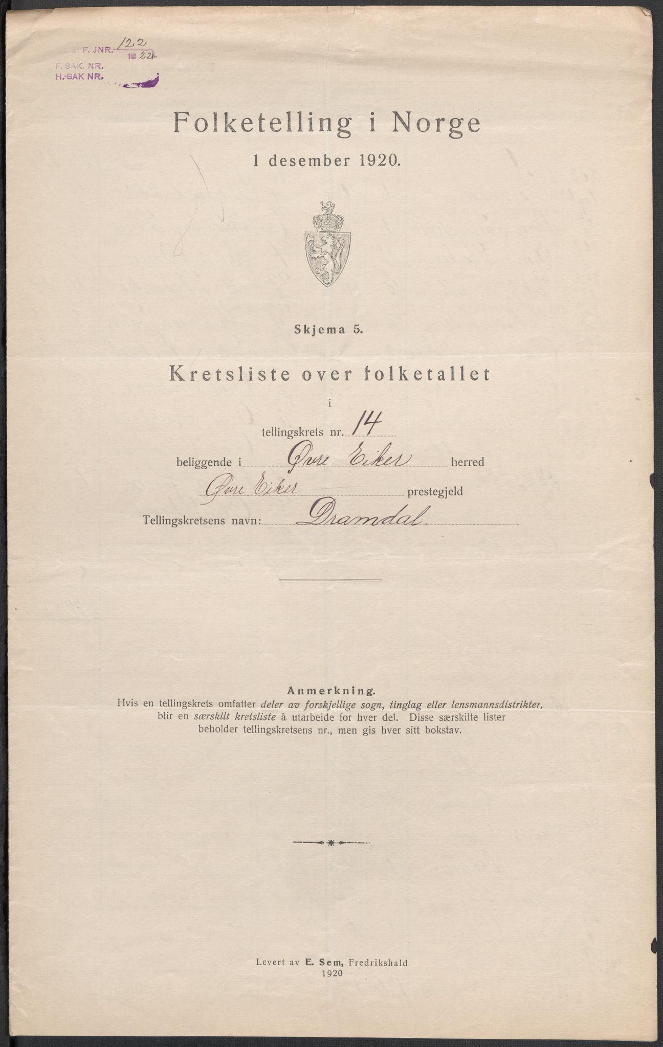 SAKO, Folketelling 1920 for 0624 Øvre Eiker herred, 1920, s. 58