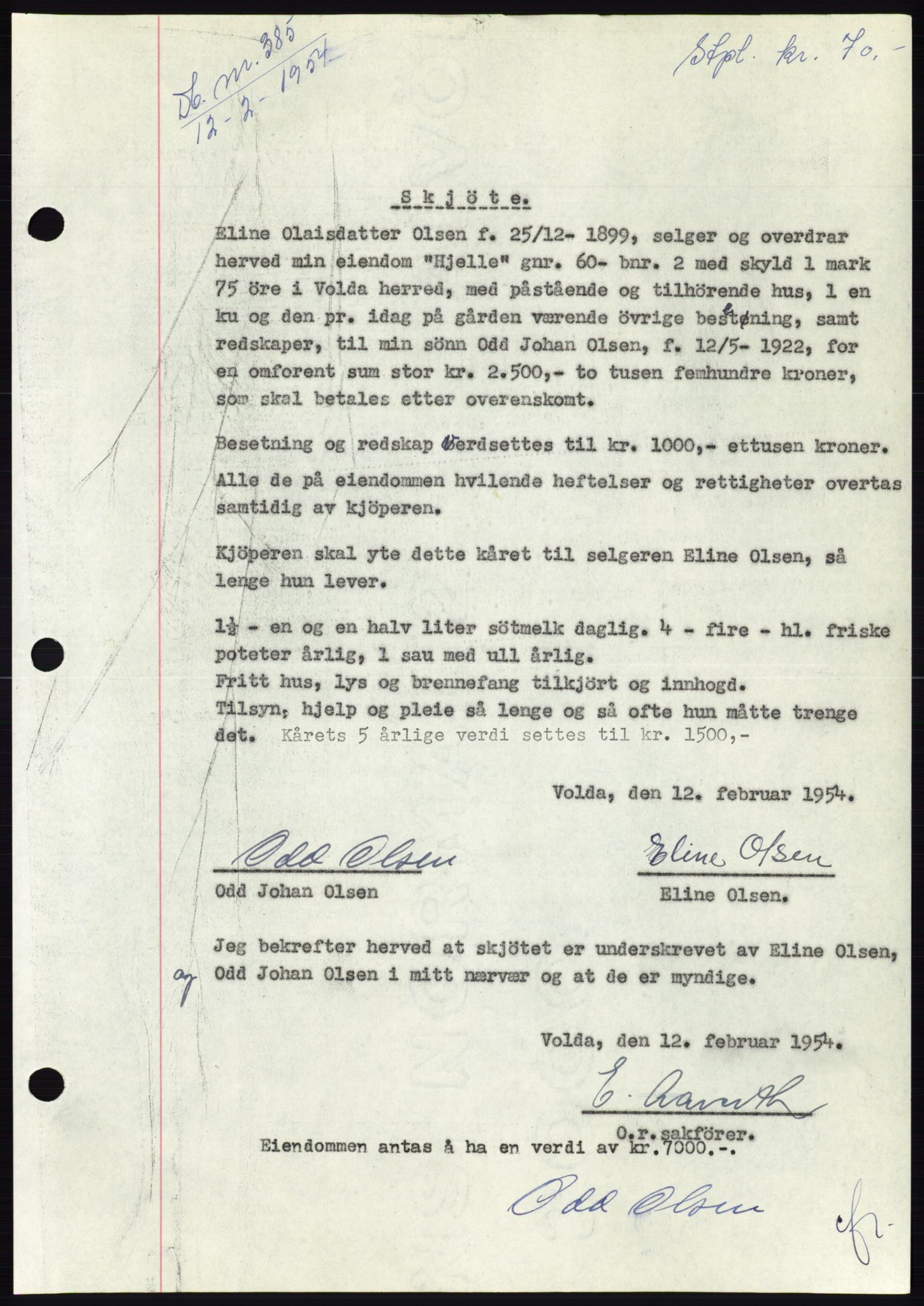Søre Sunnmøre sorenskriveri, AV/SAT-A-4122/1/2/2C/L0097: Pantebok nr. 23A, 1954-1954, Dagboknr: 385/1954