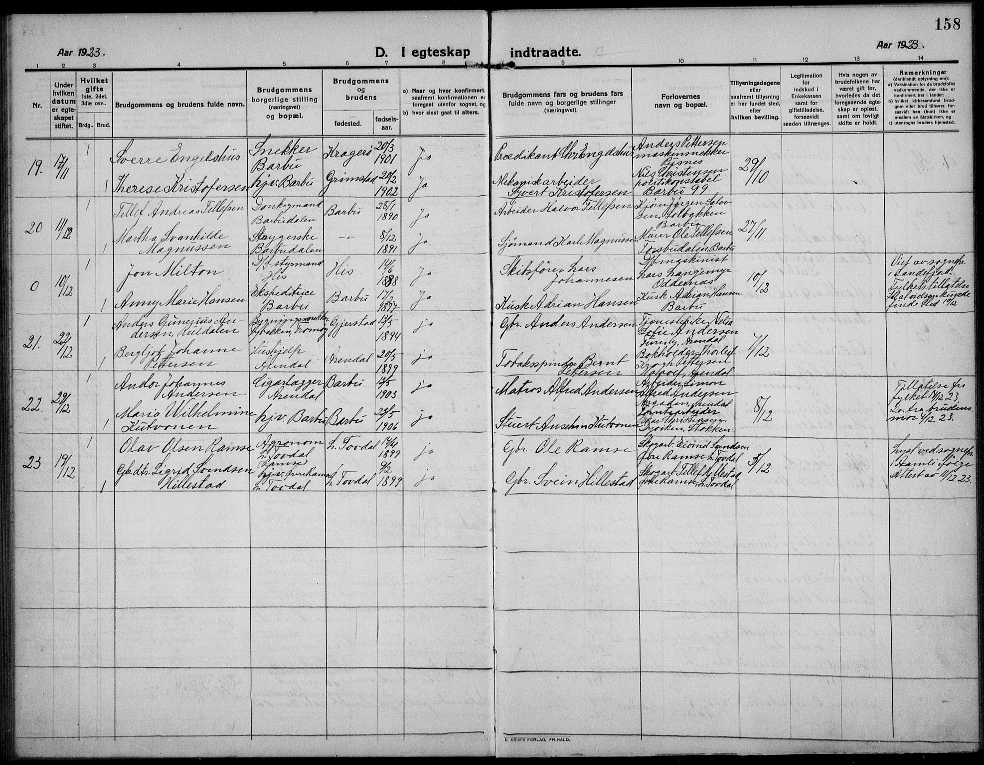 Barbu sokneprestkontor, AV/SAK-1111-0003/F/Fb/L0004: Klokkerbok nr. B 4, 1911-1936, s. 158