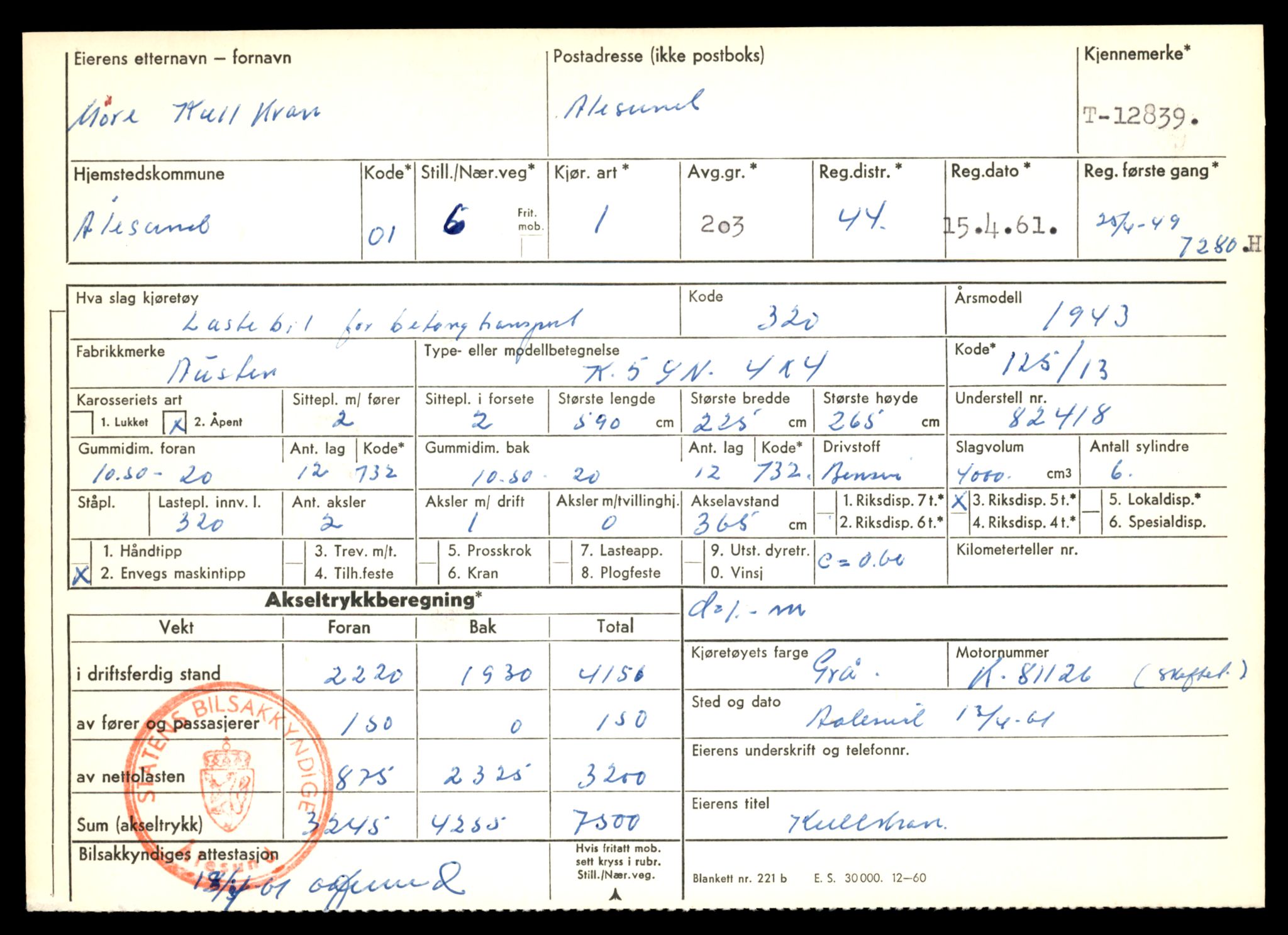 Møre og Romsdal vegkontor - Ålesund trafikkstasjon, AV/SAT-A-4099/F/Fe/L0036: Registreringskort for kjøretøy T 12831 - T 13030, 1927-1998, s. 205