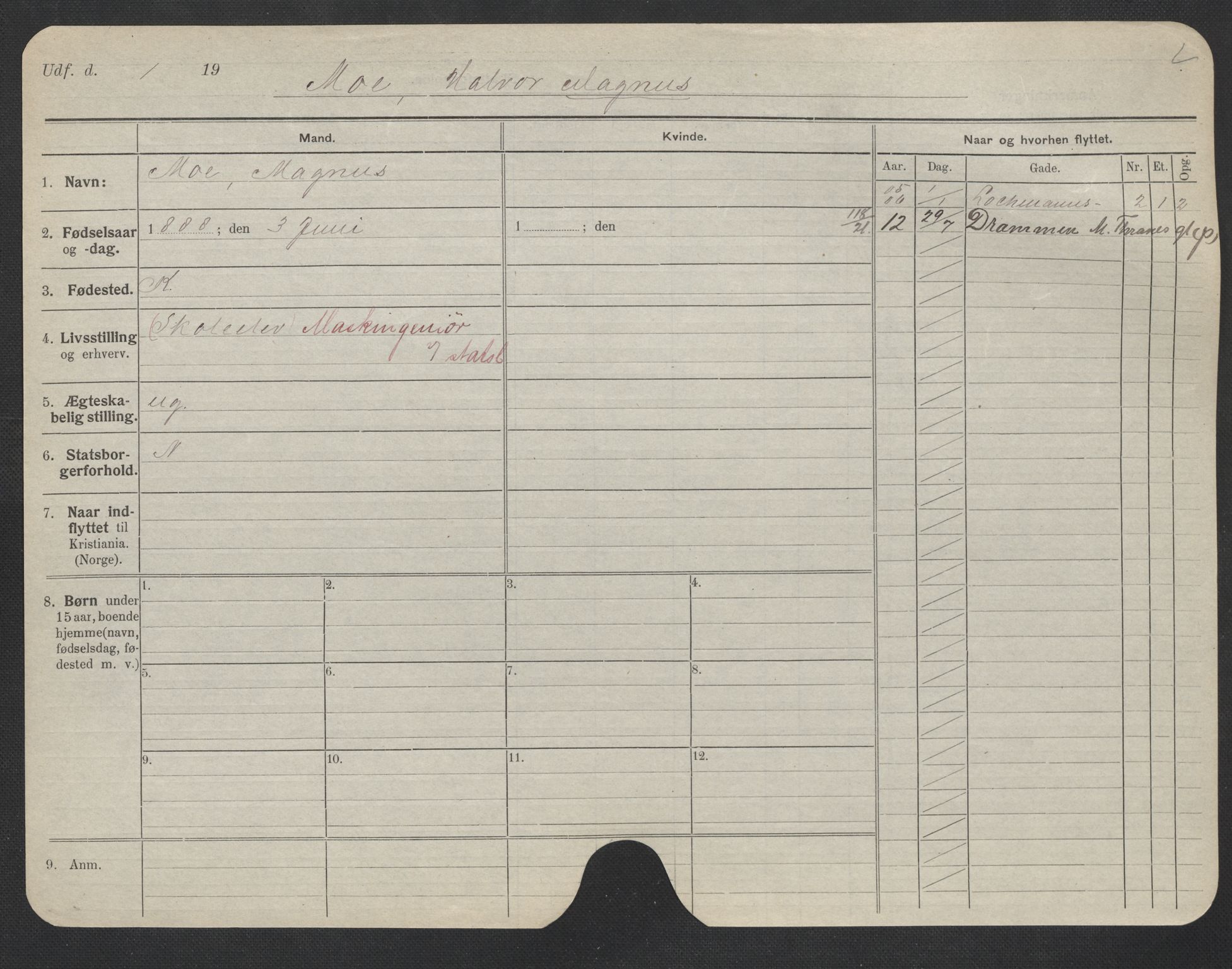 Oslo folkeregister, Registerkort, AV/SAO-A-11715/F/Fa/Fac/L0007: Menn, 1906-1914, s. 800a