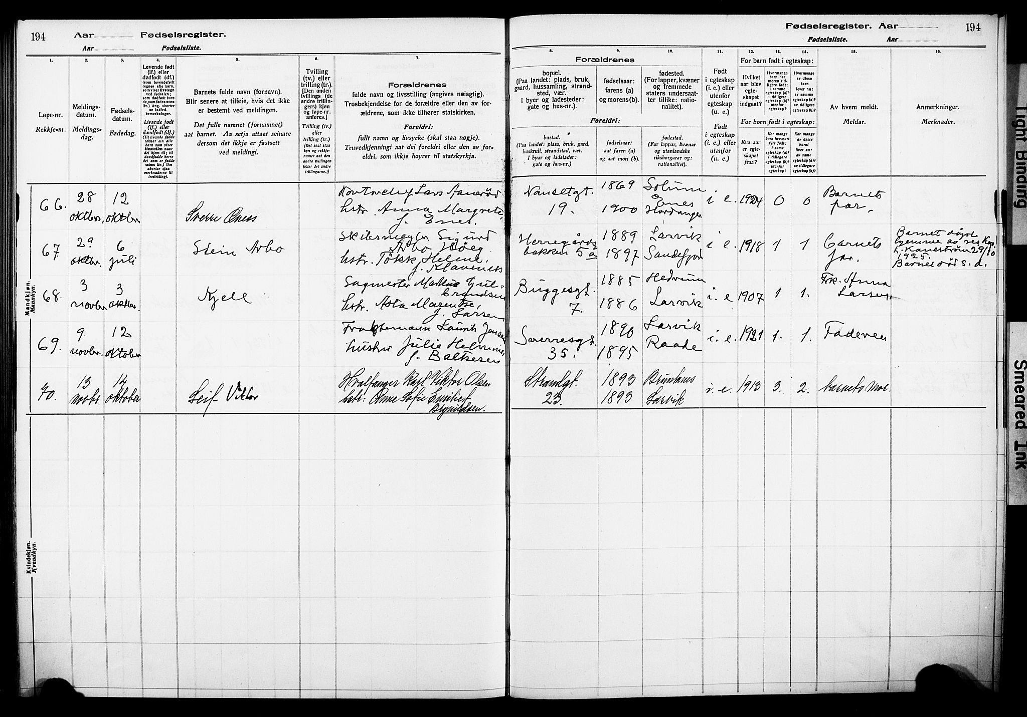 Larvik kirkebøker, AV/SAKO-A-352/J/Ja/L0001: Fødselsregister nr. I 1, 1916-1926, s. 194
