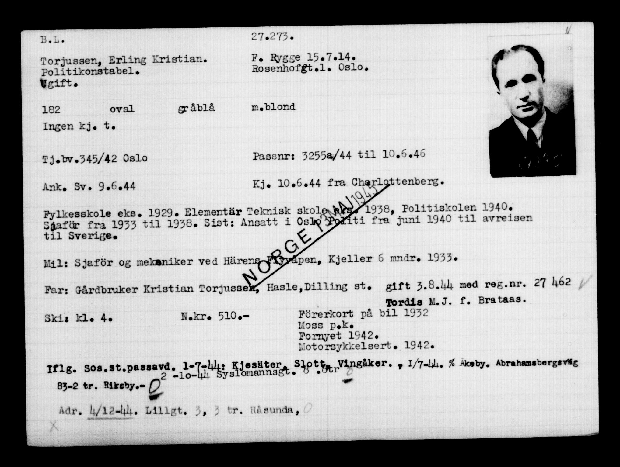 Utenriksstasjonene, Legasjonen i Stockholm, Flyktningkontoret, AV/RA-S-6753/V/Va/L0011: Kjesäterkartoteket, flyktninger med registreringsnr. 25300-28349, 1940-1945, s. 2084