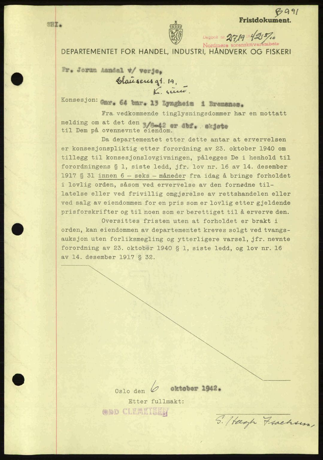 Nordmøre sorenskriveri, AV/SAT-A-4132/1/2/2Ca: Pantebok nr. B89, 1942-1942, Dagboknr: 2719/1942