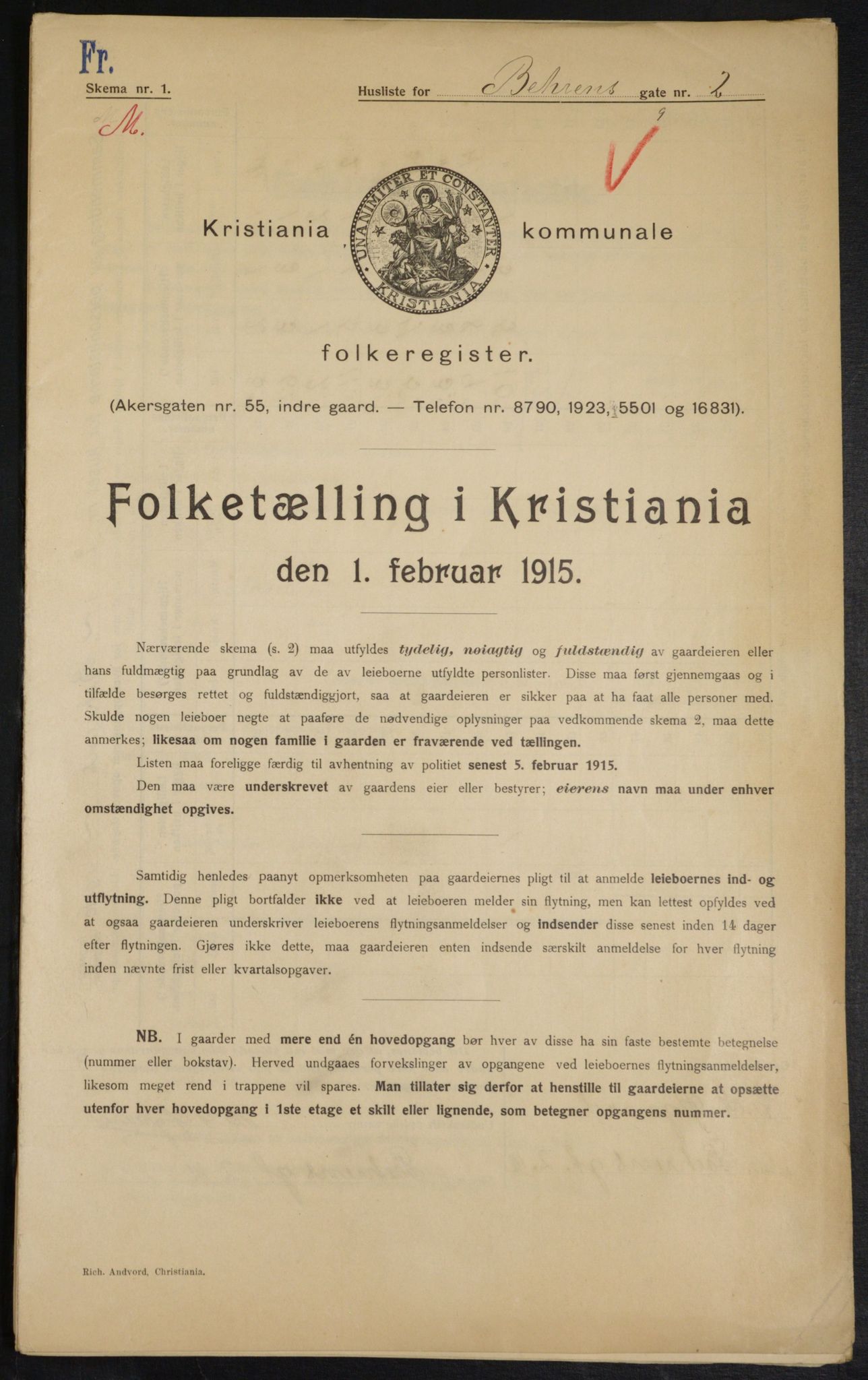 OBA, Kommunal folketelling 1.2.1915 for Kristiania, 1915, s. 3417