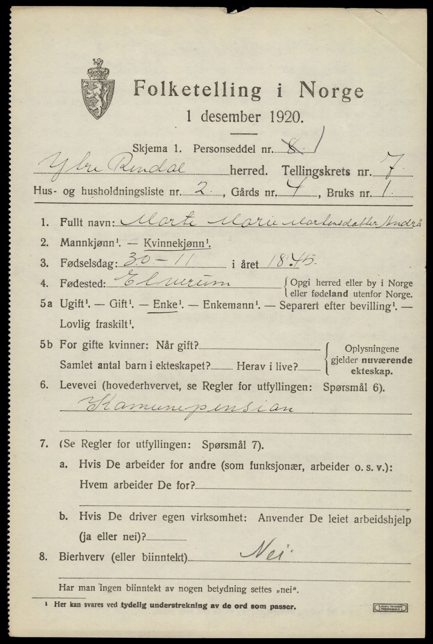 SAH, Folketelling 1920 for 0432 Ytre Rendal herred, 1920, s. 3659