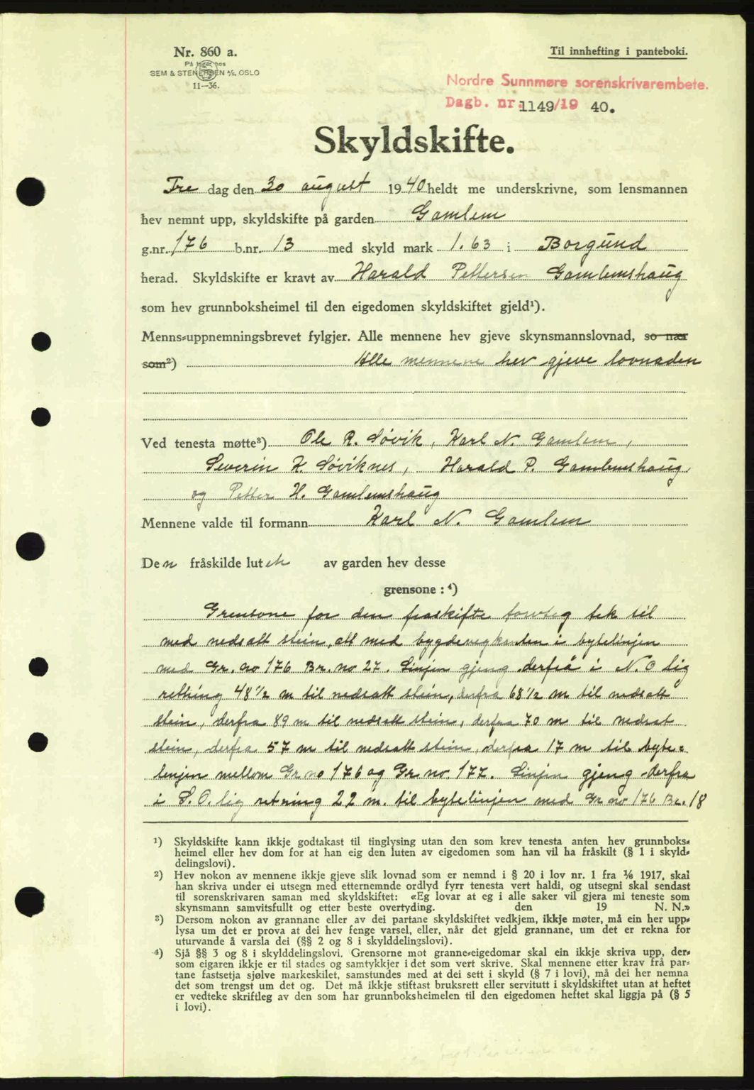 Nordre Sunnmøre sorenskriveri, AV/SAT-A-0006/1/2/2C/2Ca: Pantebok nr. A9, 1940-1940, Dagboknr: 1149/1940