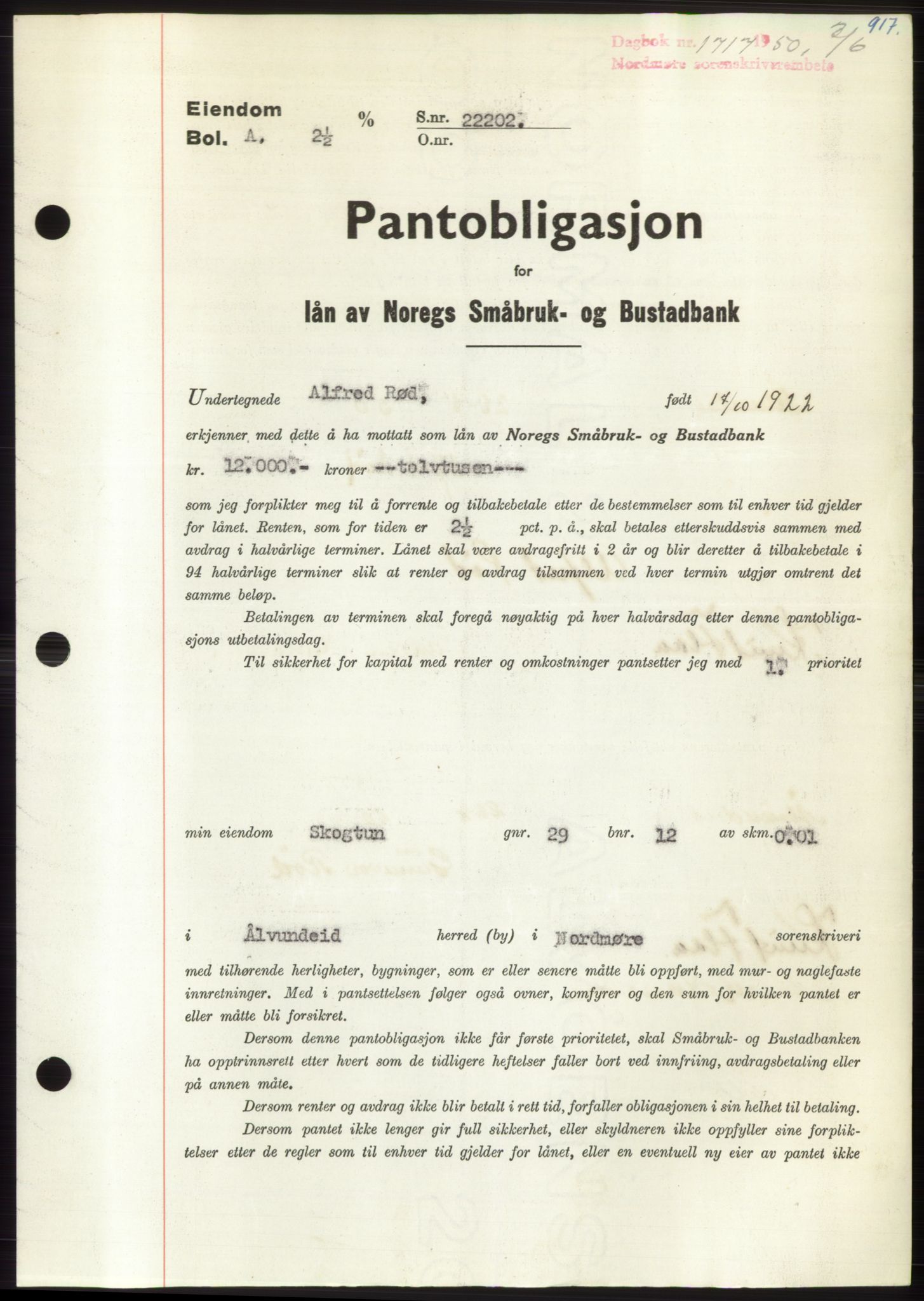 Nordmøre sorenskriveri, SAT/A-4132/1/2/2Ca: Pantebok nr. B104, 1950-1950, Dagboknr: 1717/1950