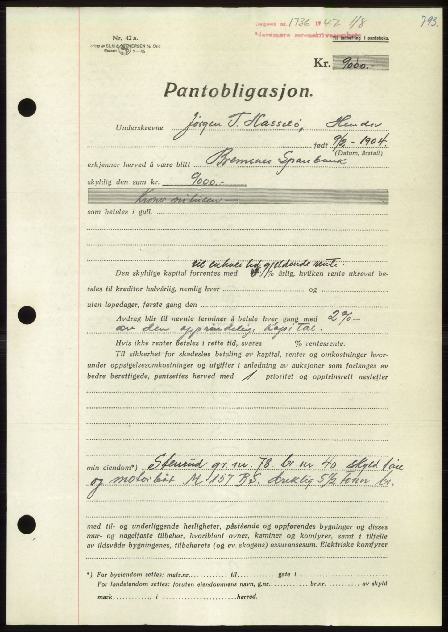 Nordmøre sorenskriveri, SAT/A-4132/1/2/2Ca: Pantebok nr. B96, 1947-1947, Dagboknr: 1736/1947